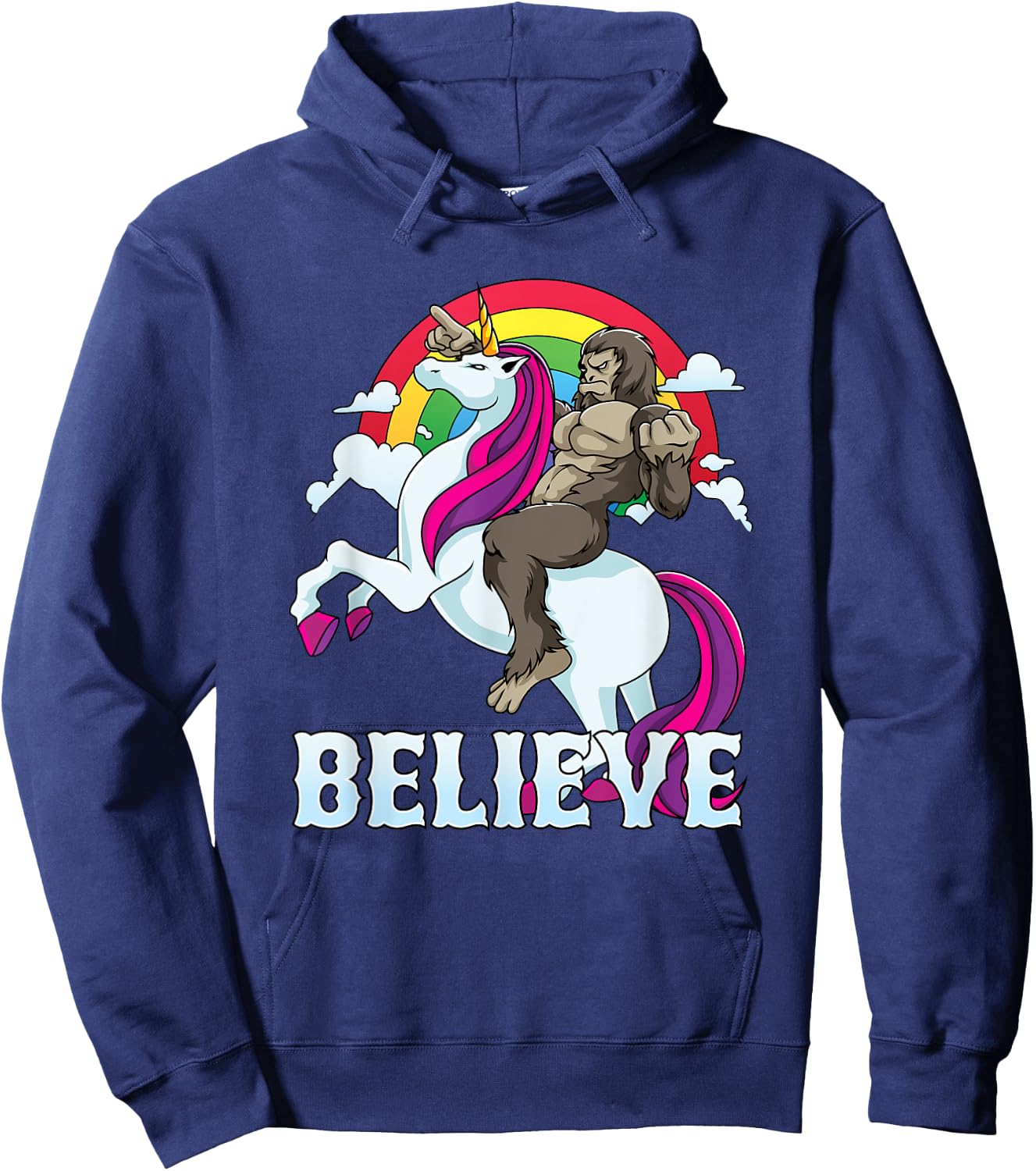 Bigfoot Riding Unicorn Believe Sasquatch Faith Rainbow Hoodie - Hoodie | Navy