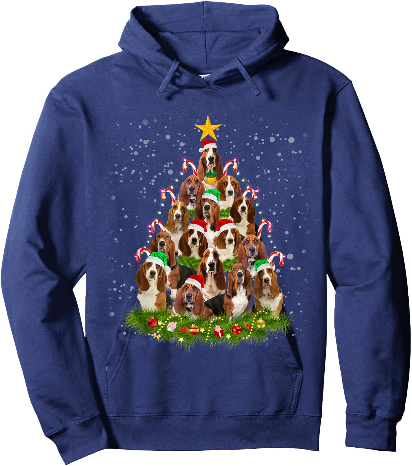 Basset Hound Merry Christmas Tree Light Pajama Basset Hound Hoodie - Hoodie | Navy