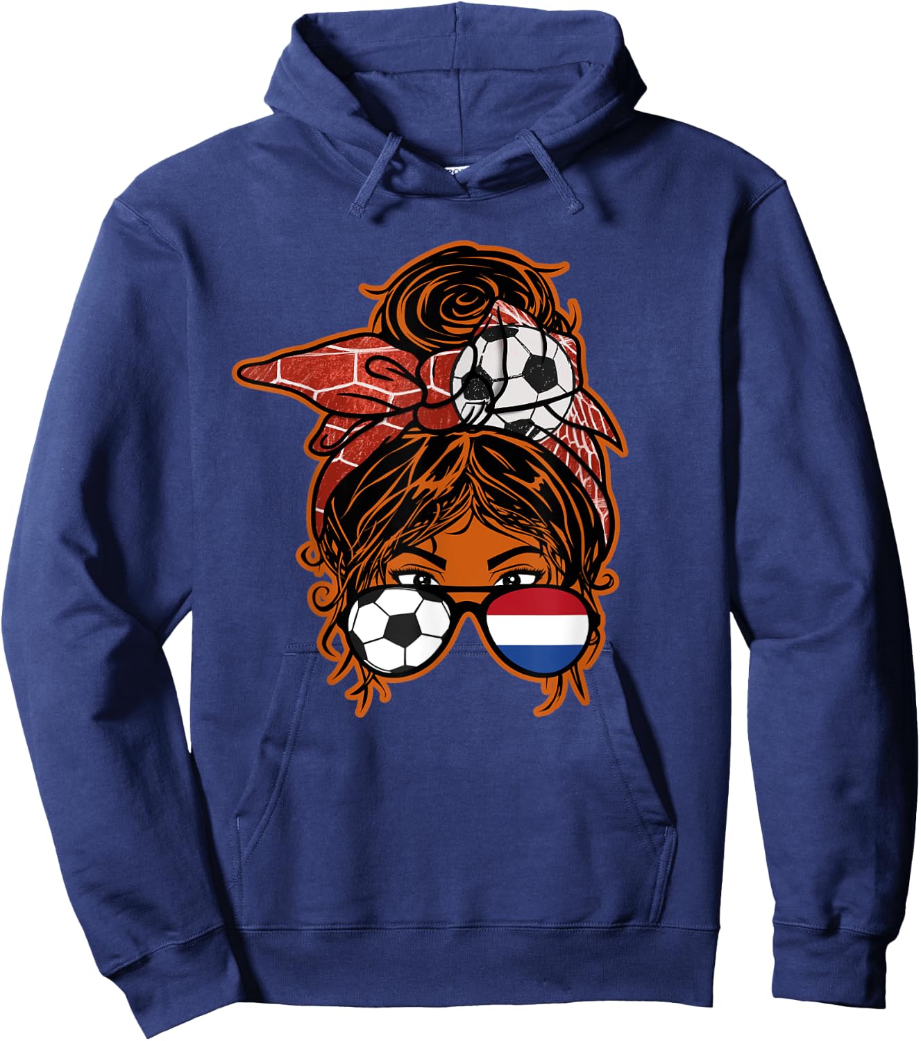 Messy Bun Hair Brown Skin Soccer Girl Netherlands Jersey Hoodie - Hoodie | Navy