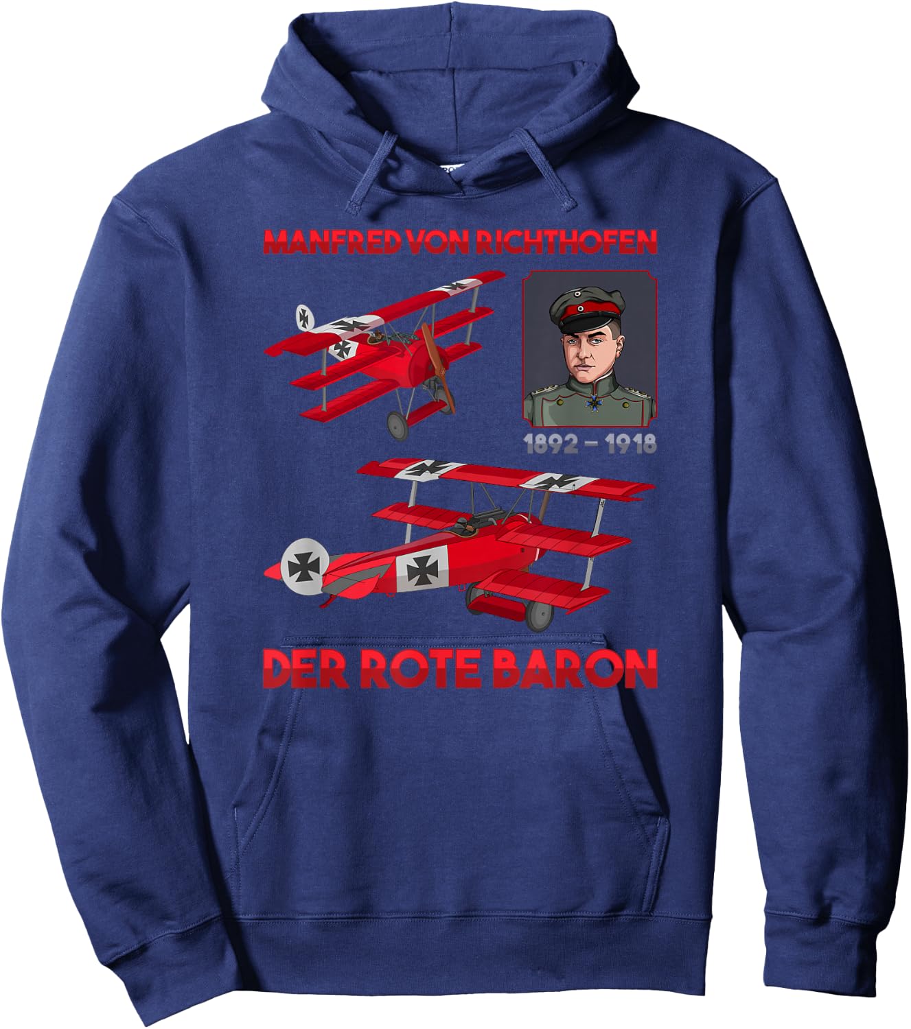 Red Baron Fokker DR1 Triplane WWI Fighter Ace Portrait Hoodie - Hoodie | Navy