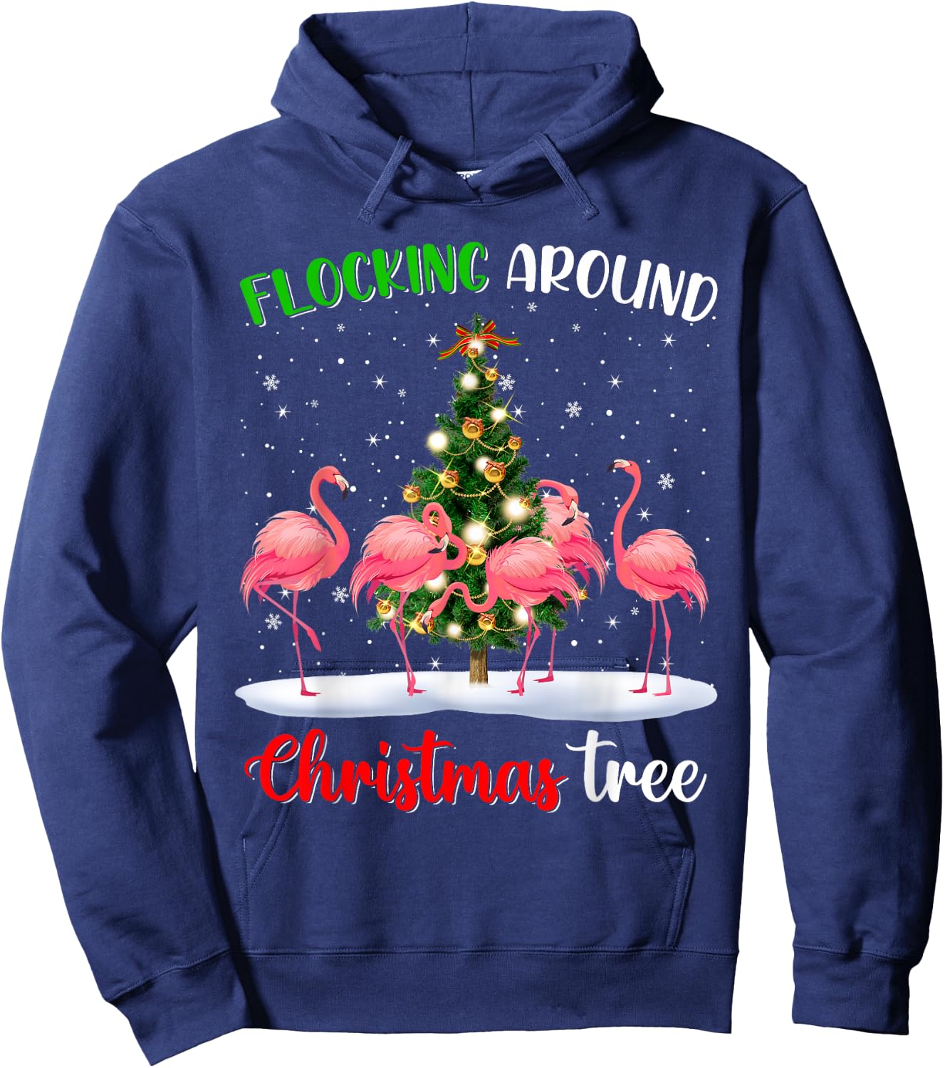 Cute Flamingo Christmas Flocking Around Christmas Tree Funny Hoodie - Hoodie | Navy