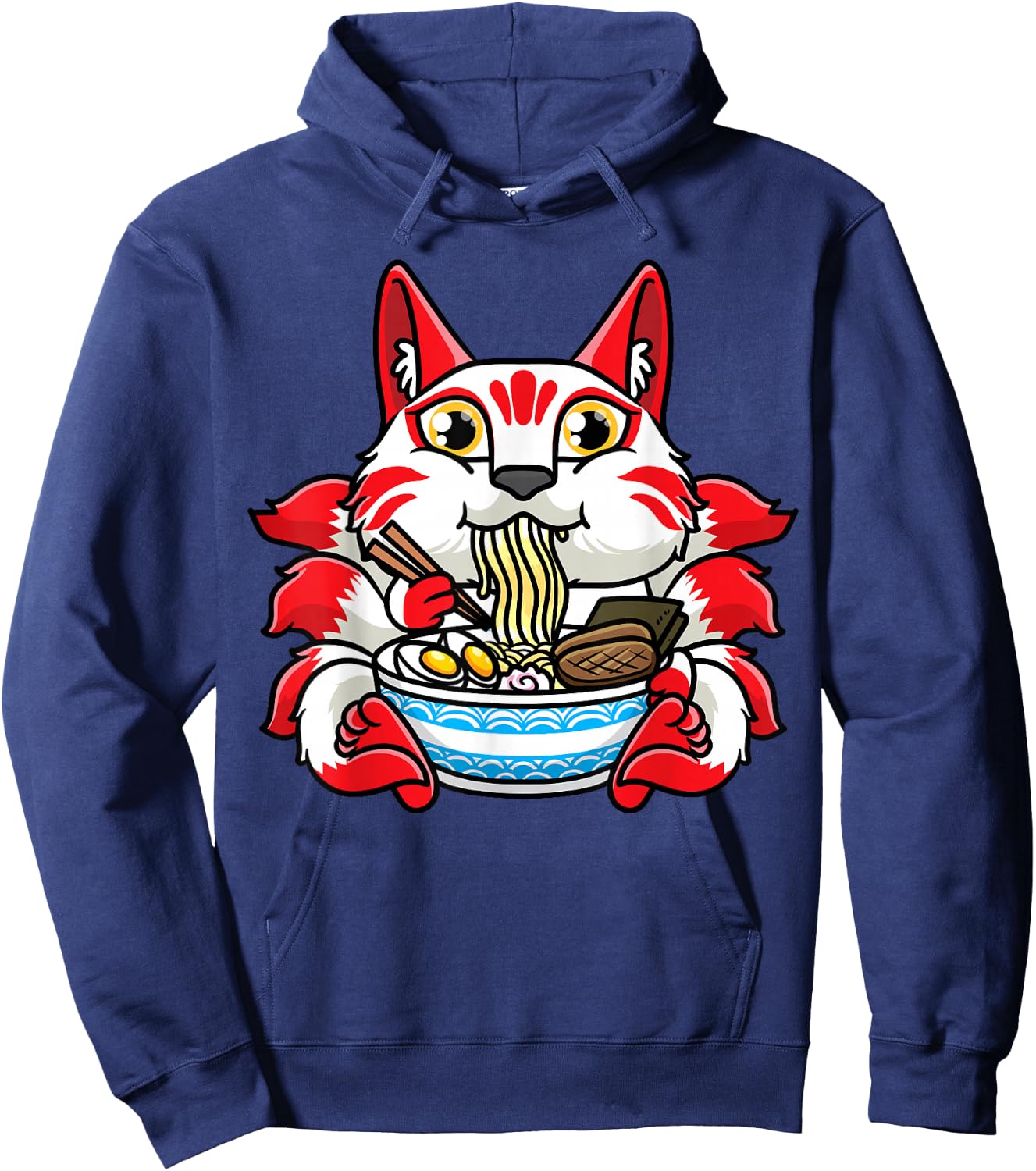 Kitsune Eating Ramen Noodles Otaku Japanese Nine Tailed Fox Hoodie - Hoodie | Navy