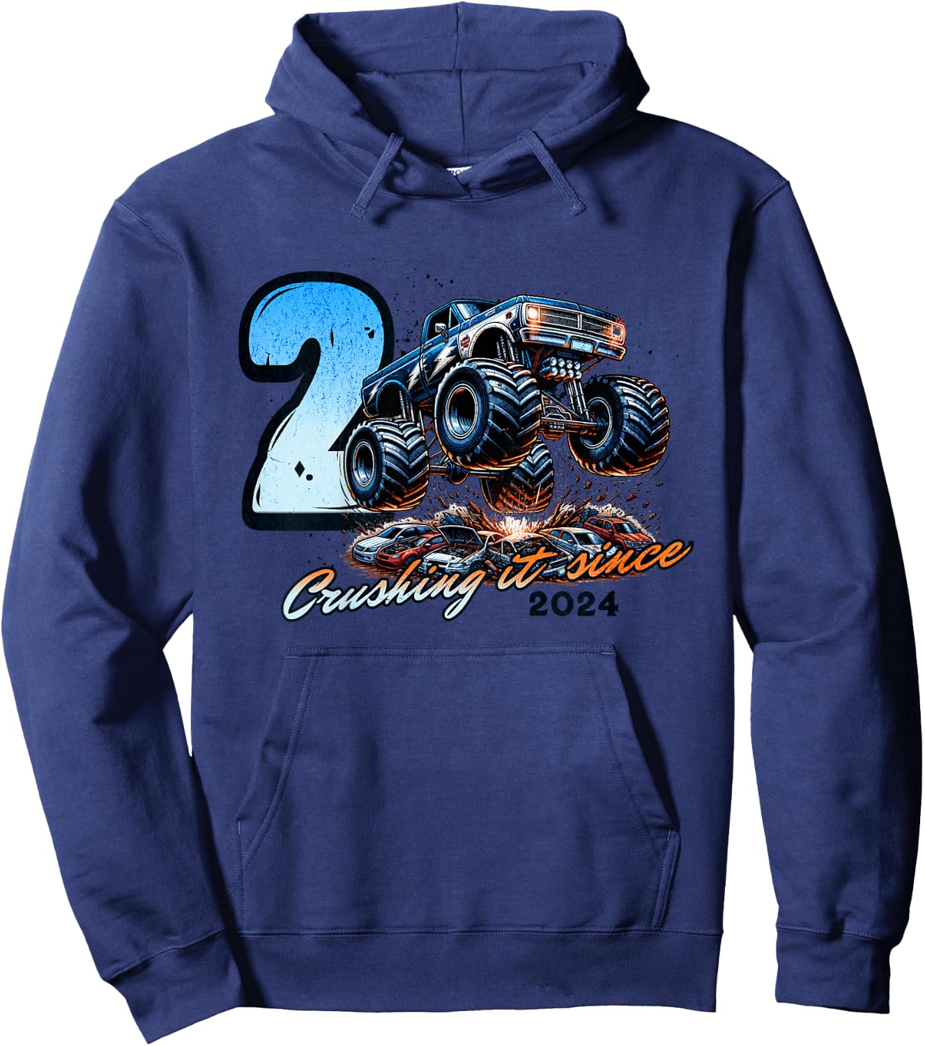 Kids 2nd Birthday Truck Turning 2 Years Old Boy Born in 2024 Hoodie - Hoodie | Navy