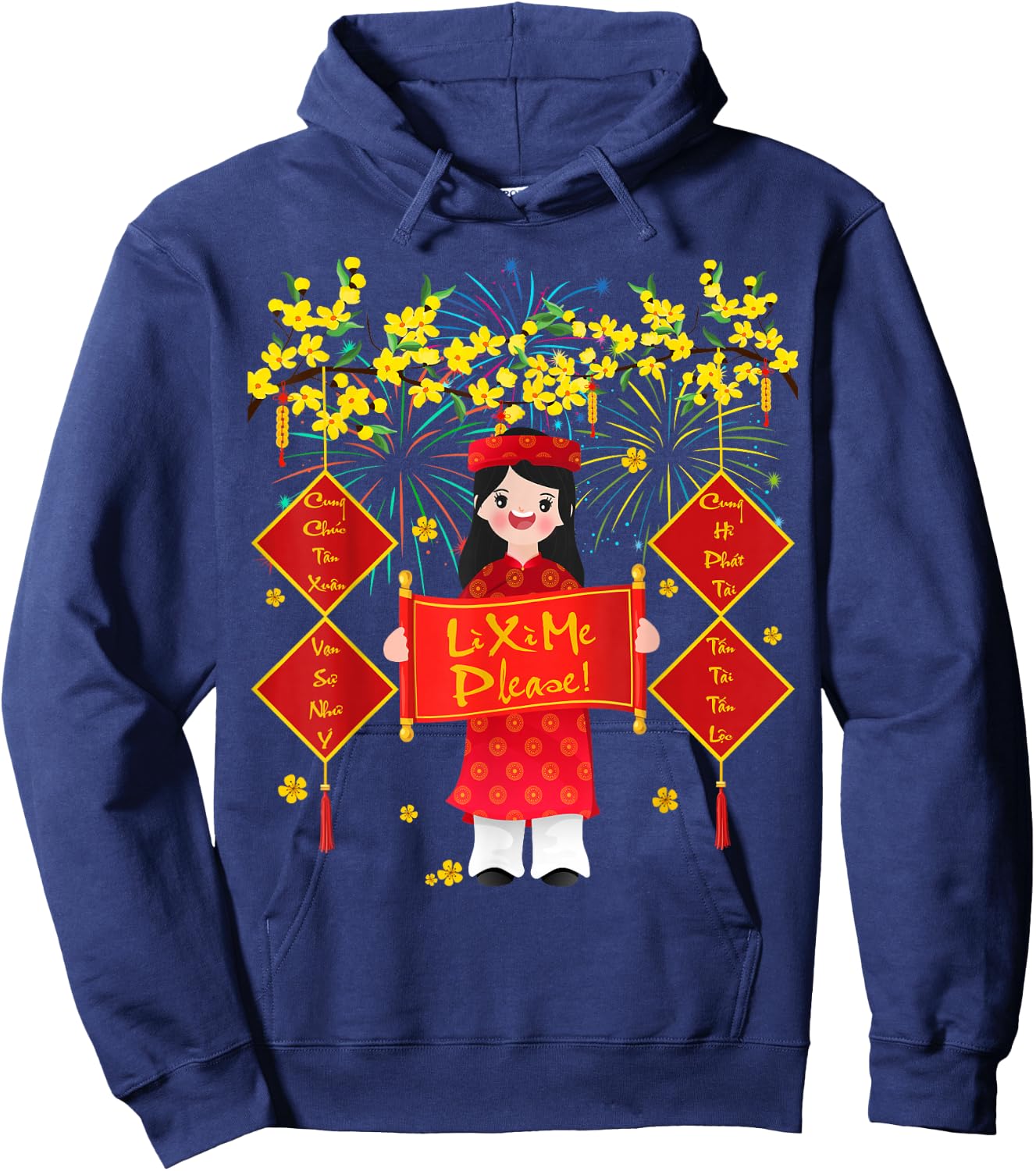 Cute Vietnamese Lunar New Year Horse Kids Girls Lucky Money Hoodie - Hoodie | Navy