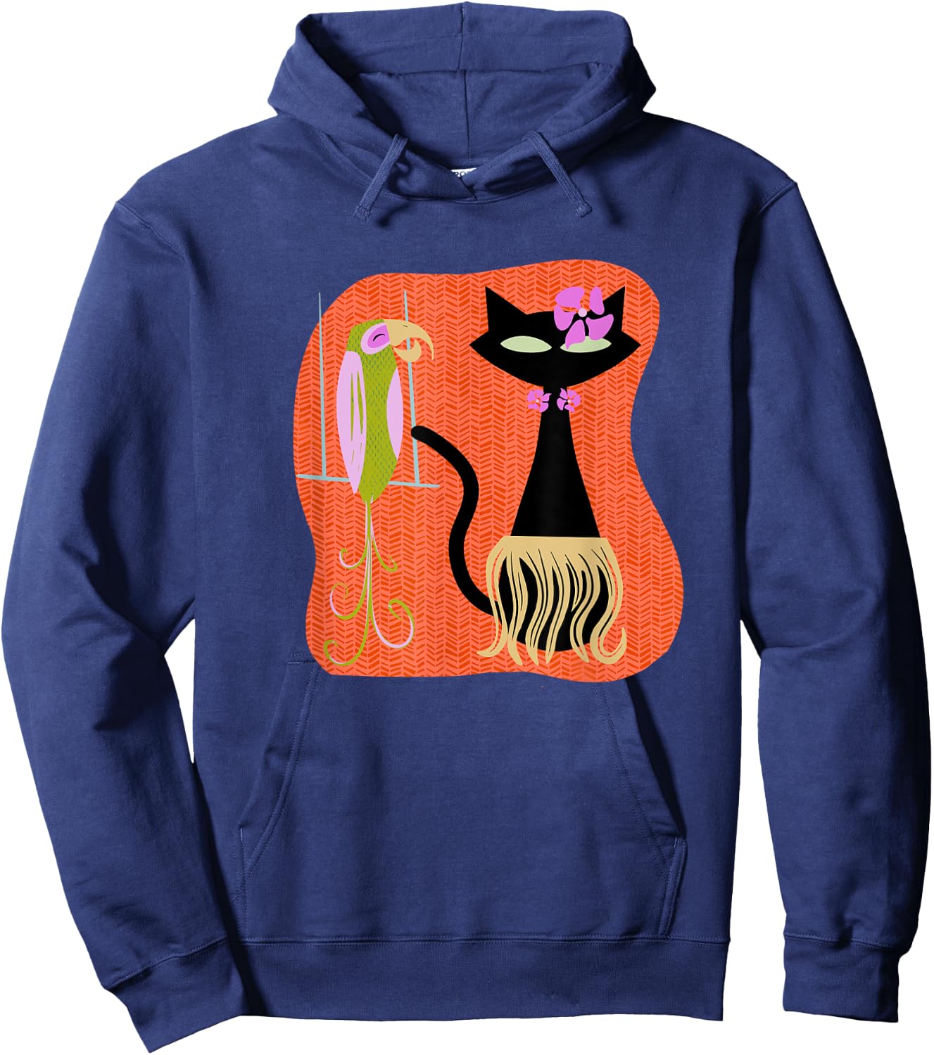 Hawaiian Hula Cat with Tropical Tiki Bird and Hibiscus Flowe Hoodie - Hoodie | Navy