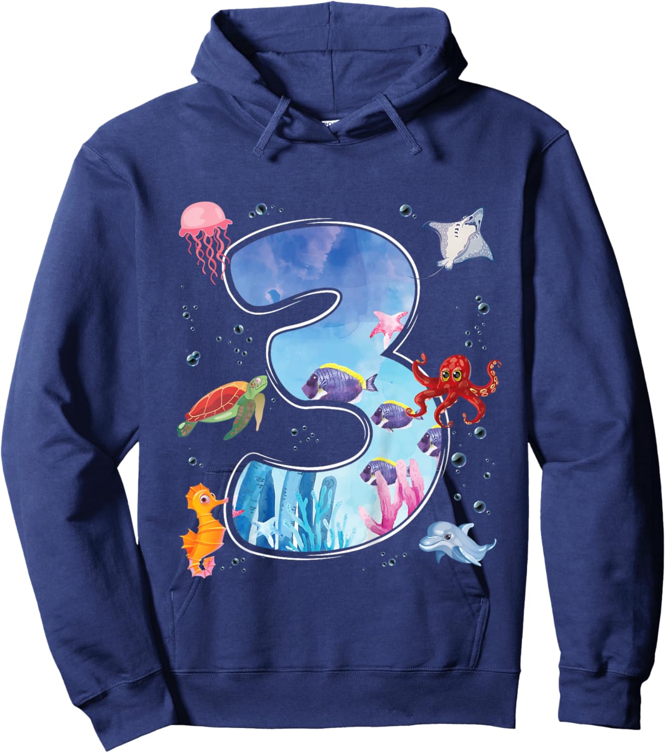 Kids 3rd Birthday Party Ocean 3 Year Old Sea Fish Aquarium Boy Hoodie - Hoodie | Navy