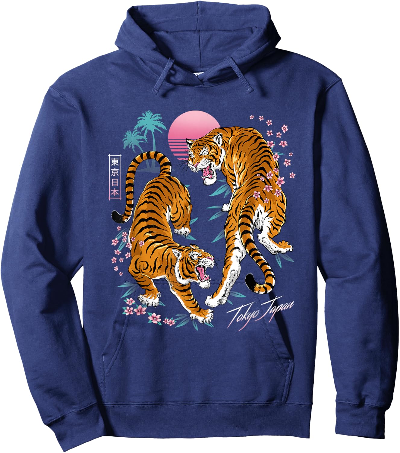 Pop Cult Women's Tokyo Dueling Asian Tigers Retro 80's Vaporwave - Black Tiger Print Short Sleeve - Small Hoodie - Hoodie | Navy