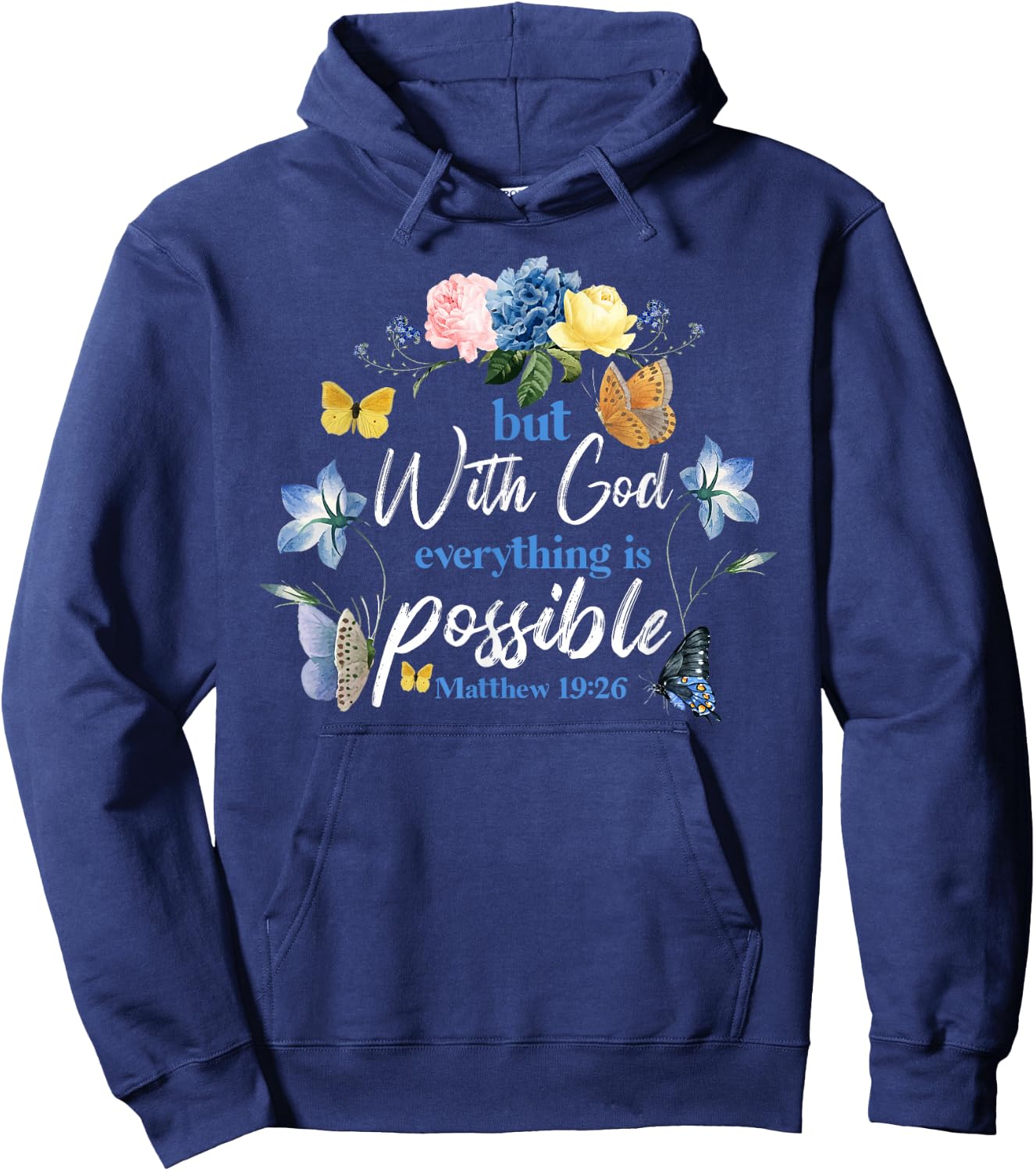 Christian Bible Verse Butterfly Rose Flower Matthew 19:26 Hoodie - Hoodie | Navy