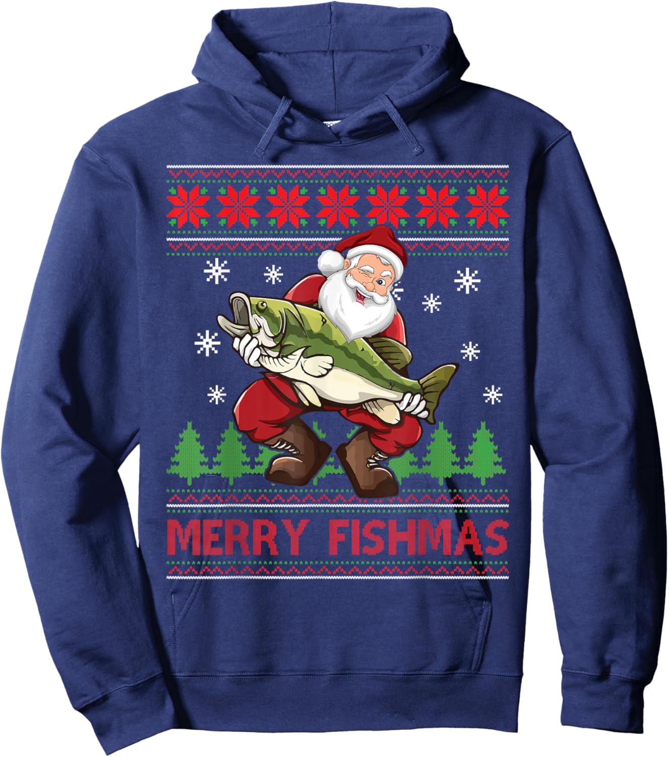 Merry Fishmas Santa Fishing Ugly Christmas Sweater Style Hoodie - Hoodie | Navy