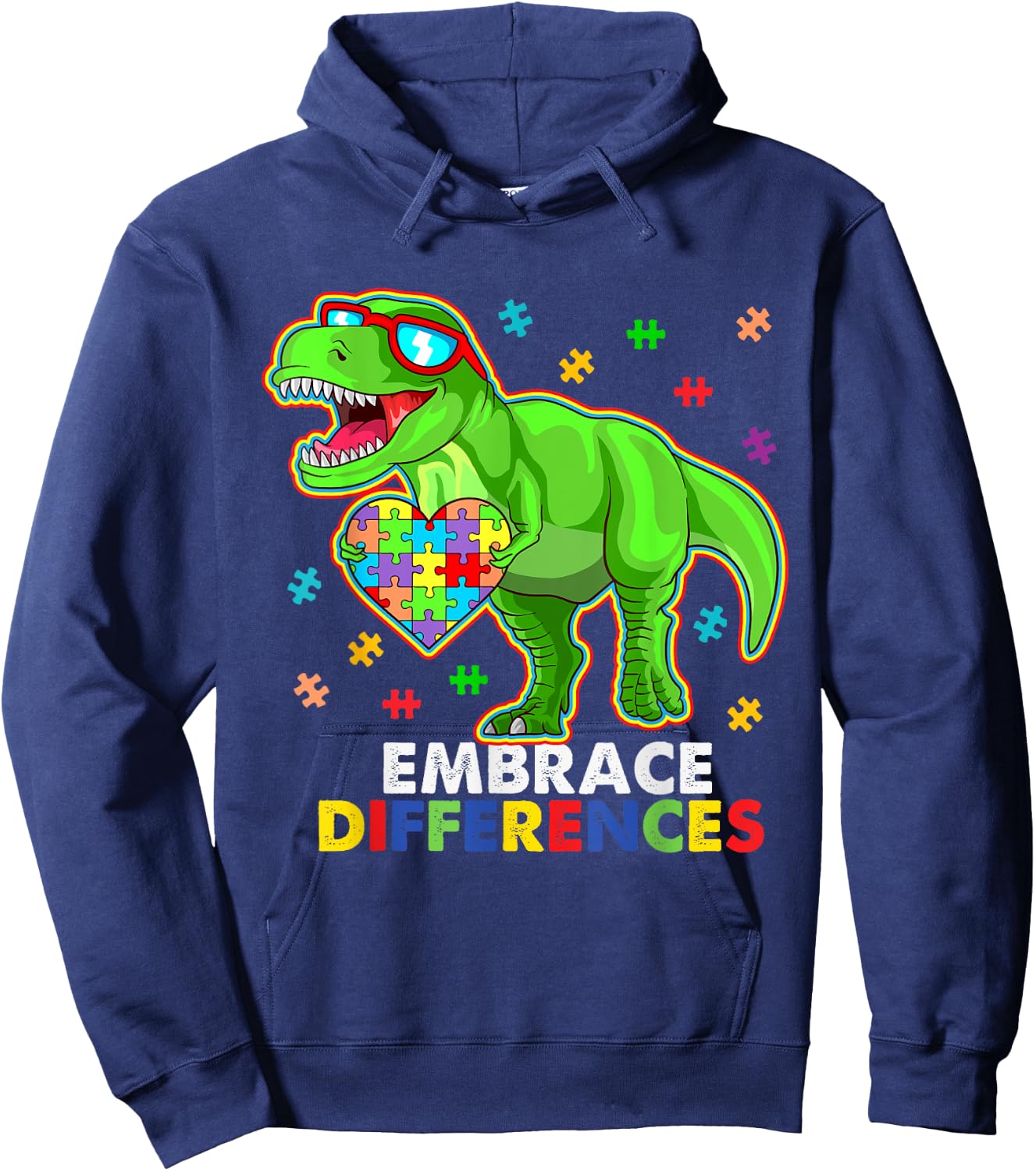 Embrace Differences- Autism Awareness Dinosaur Puzzle Piece Hoodie - Hoodie | Navy