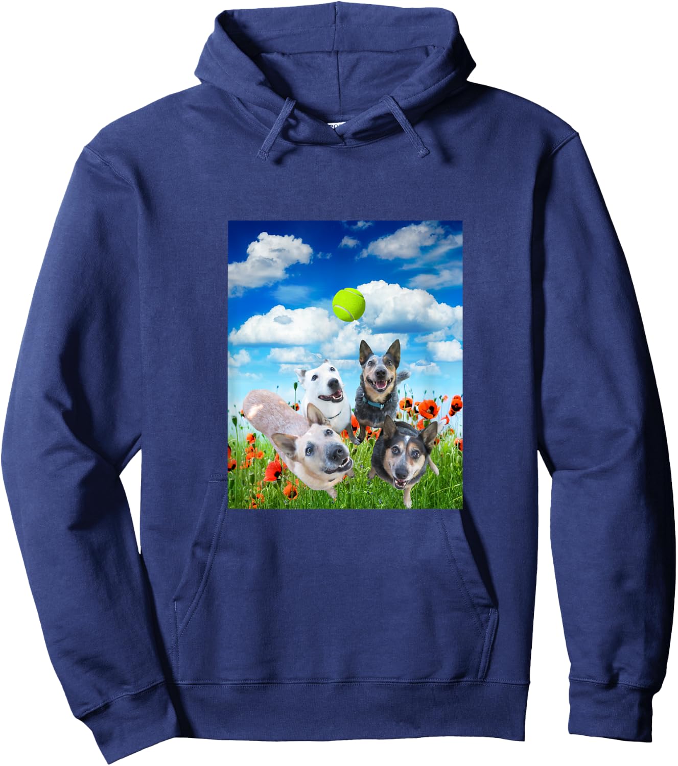 Blue Red White Heeler Cattle Dogs Playing Ball Hoodie - Hoodie | Navy