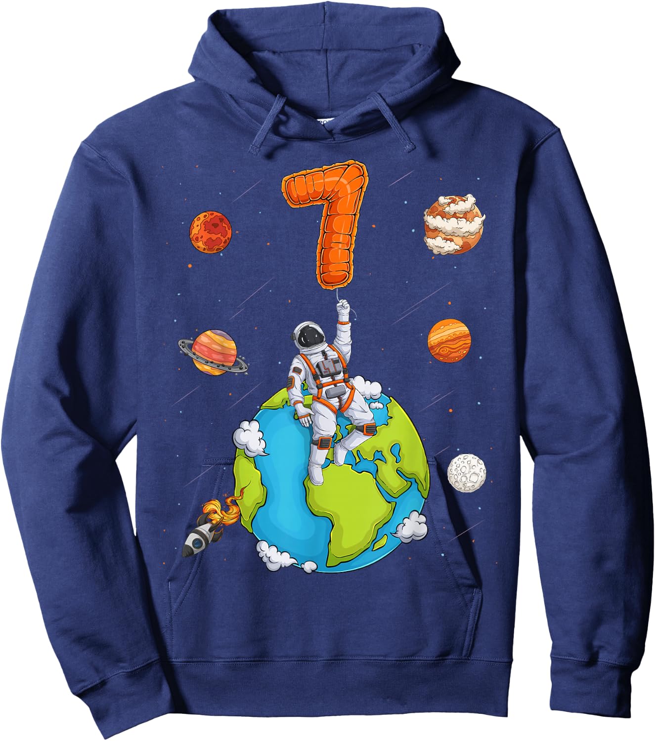 Astronaut Planets Space 7 Seven Years Old 7th Birthday Boys Hoodie - Hoodie | Navy