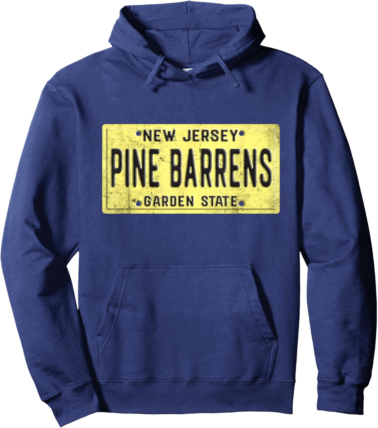 Pine Barrens New Jersey Retro Distressed NJ License Plate Hoodie - Hoodie | Navy