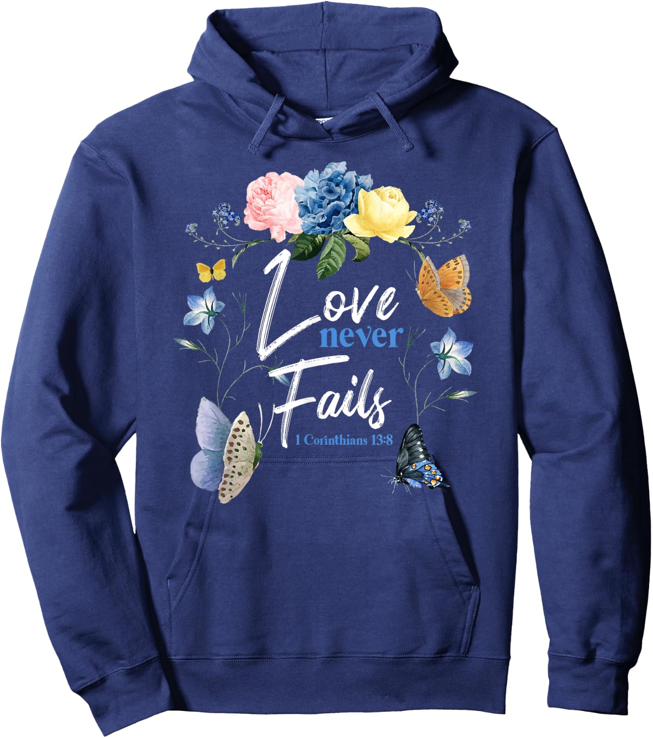 Christian Bible Verse Butterfly Flower 1 Corinthians 13:8 Hoodie - Hoodie | Navy