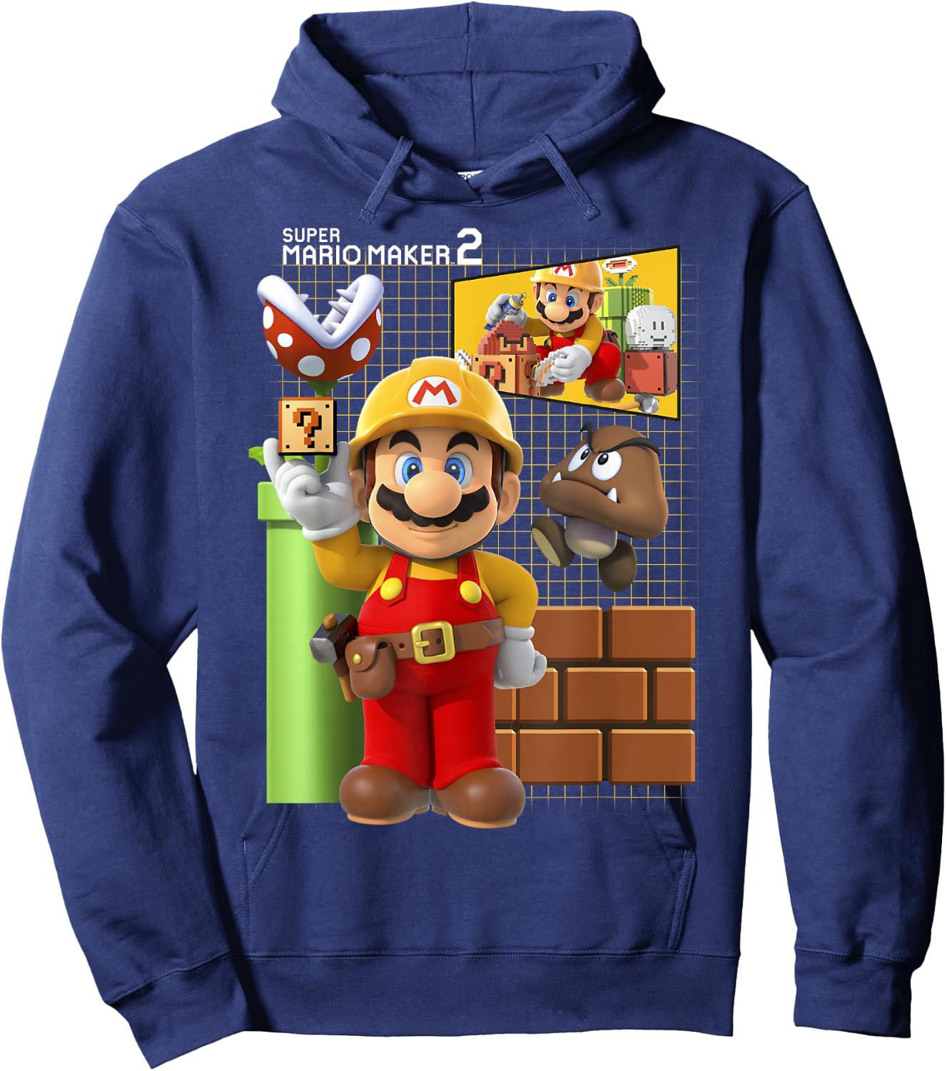 Super Mario Maker 2 Game Play Portrait Grid Background Hoodie - Hoodie | Navy