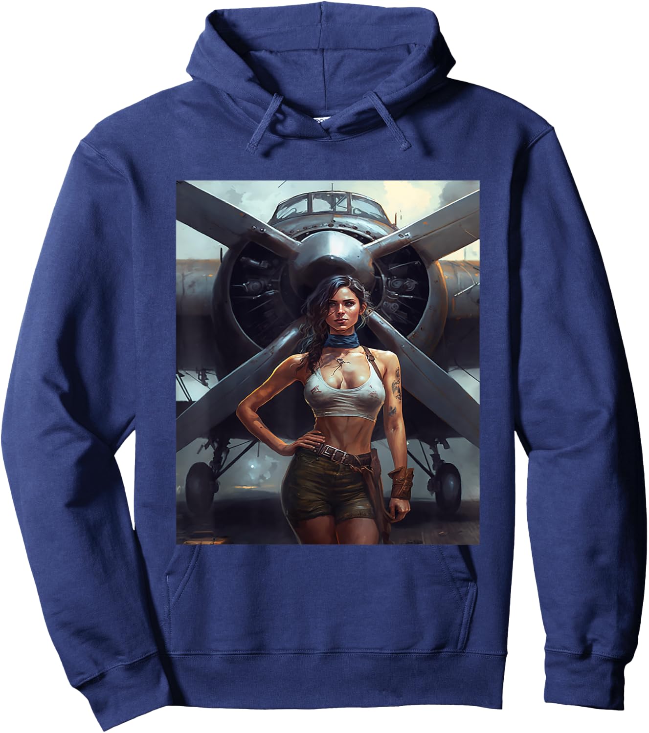 Strong Military Pinup Woman With Tattoos Airplane Retro Art Hoodie - Hoodie | Navy