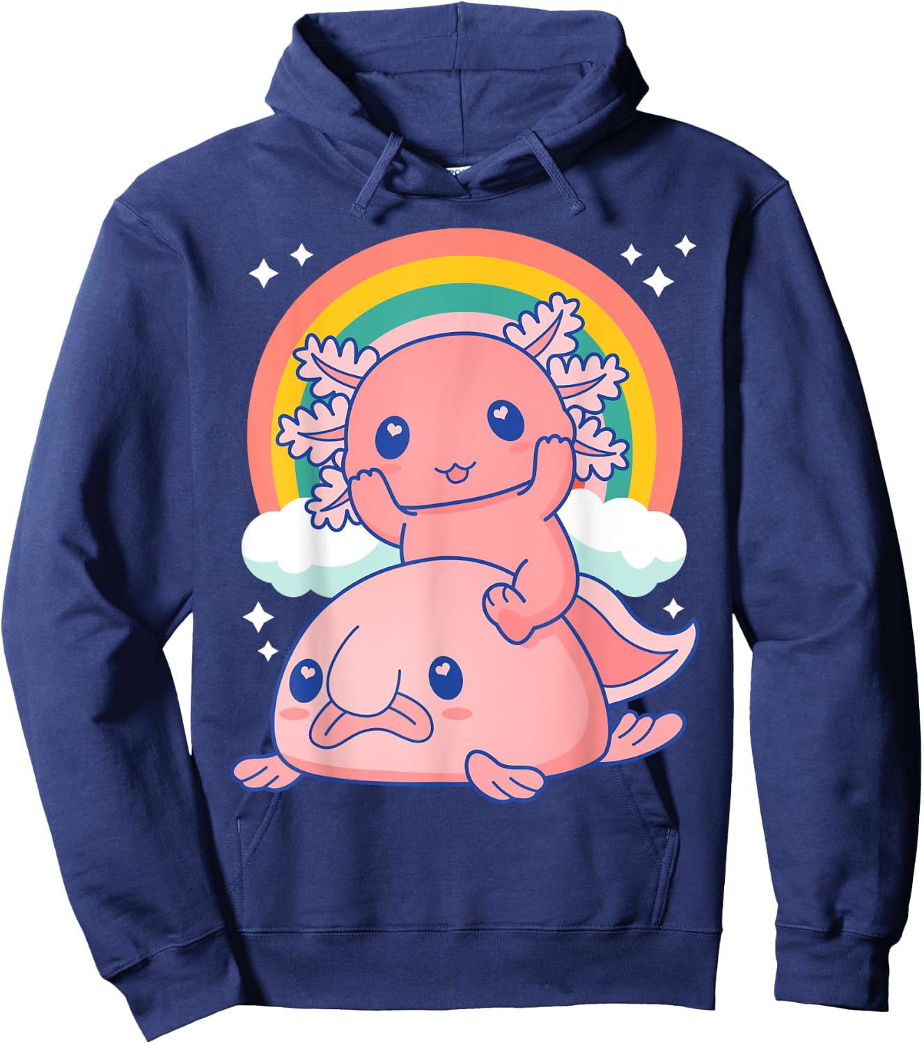 Cute Kawaii Pink Axolotl Riding a Blob Fish Hoodie - Hoodie | Navy