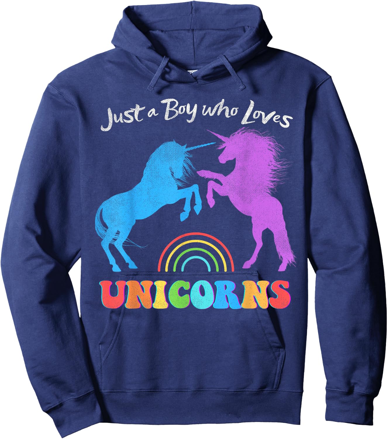 Funny Just a Boy who Loves Unicorns Retro Rainbow Distressed Hoodie - Hoodie | Navy