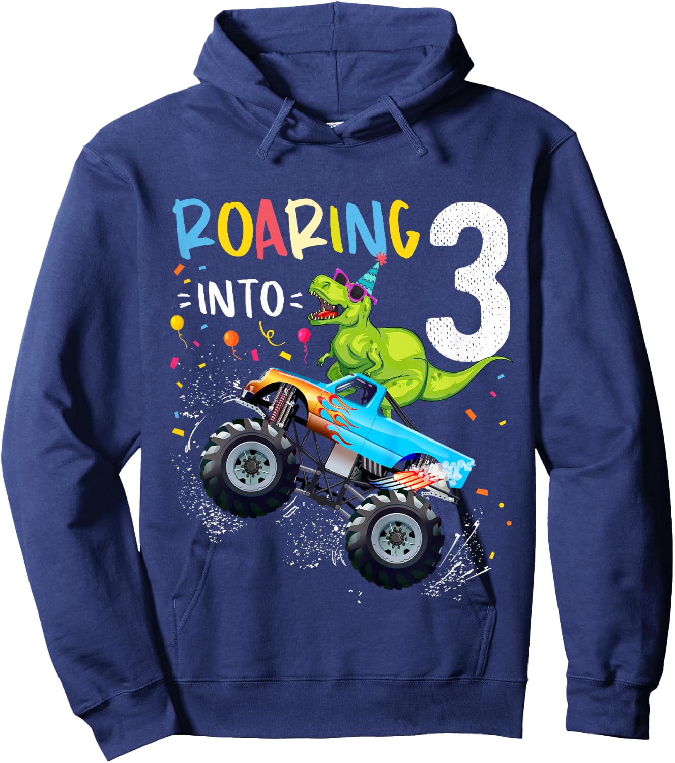 3rd Birthday T Rex Dinosaur Monster Truck Boys and Girls Hoodie - Hoodie | Navy