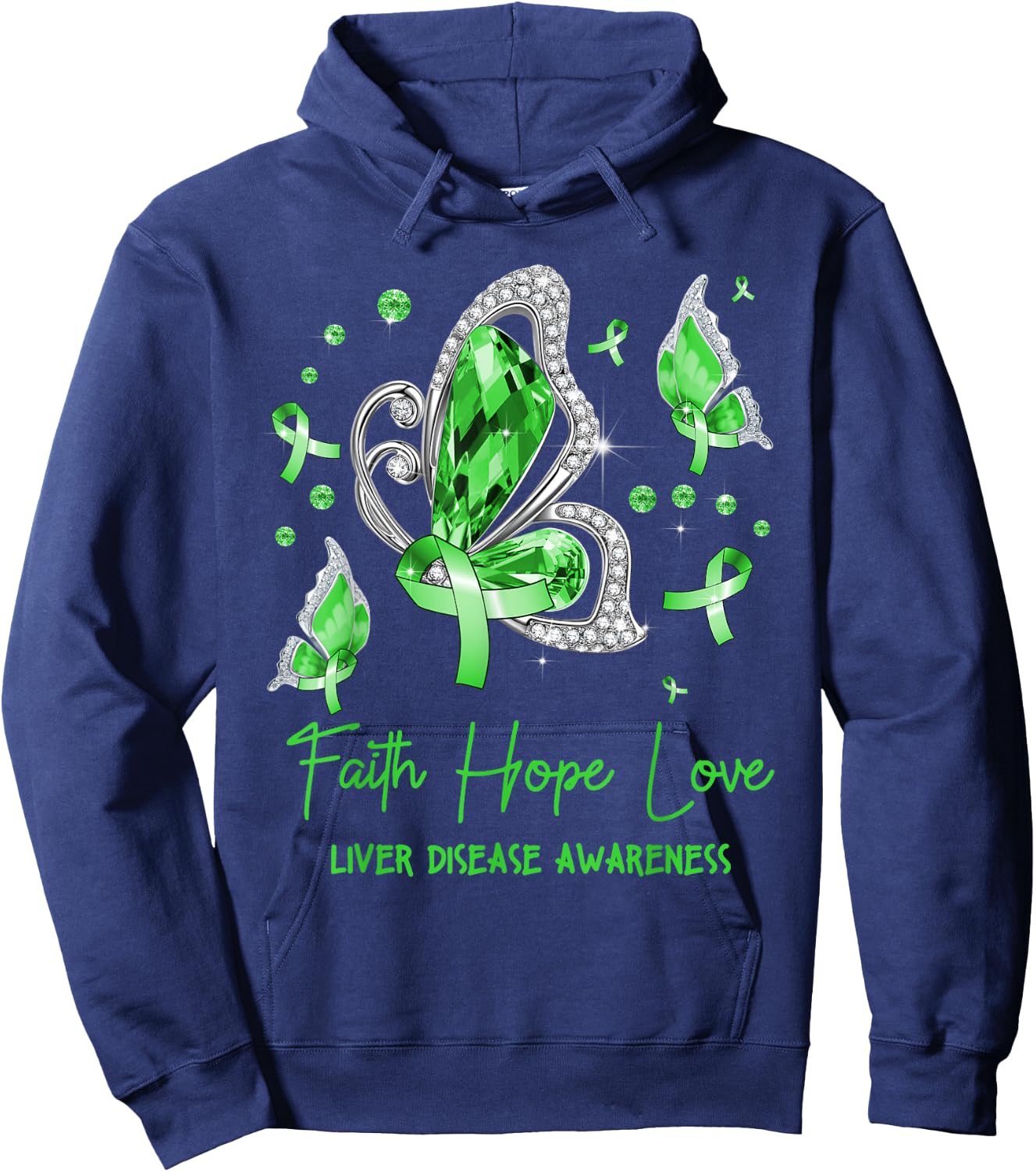 Faith Hope Love Butterfly Green Liver Disease Awareness Hoodie - Hoodie | Navy