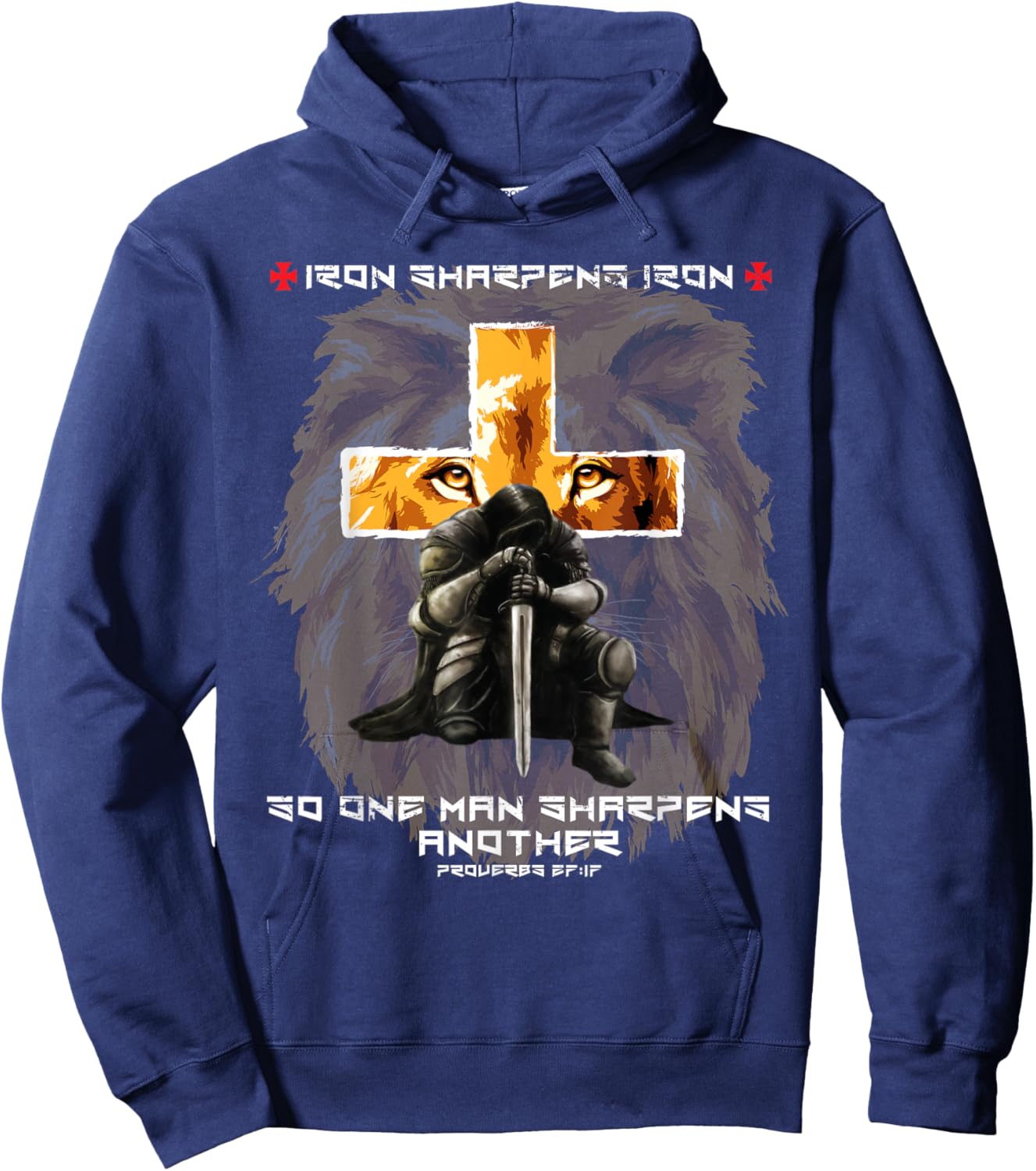 Iron Sharpens Iron Christian Scripture Crosses Lion Graphic Hoodie - Hoodie | Navy