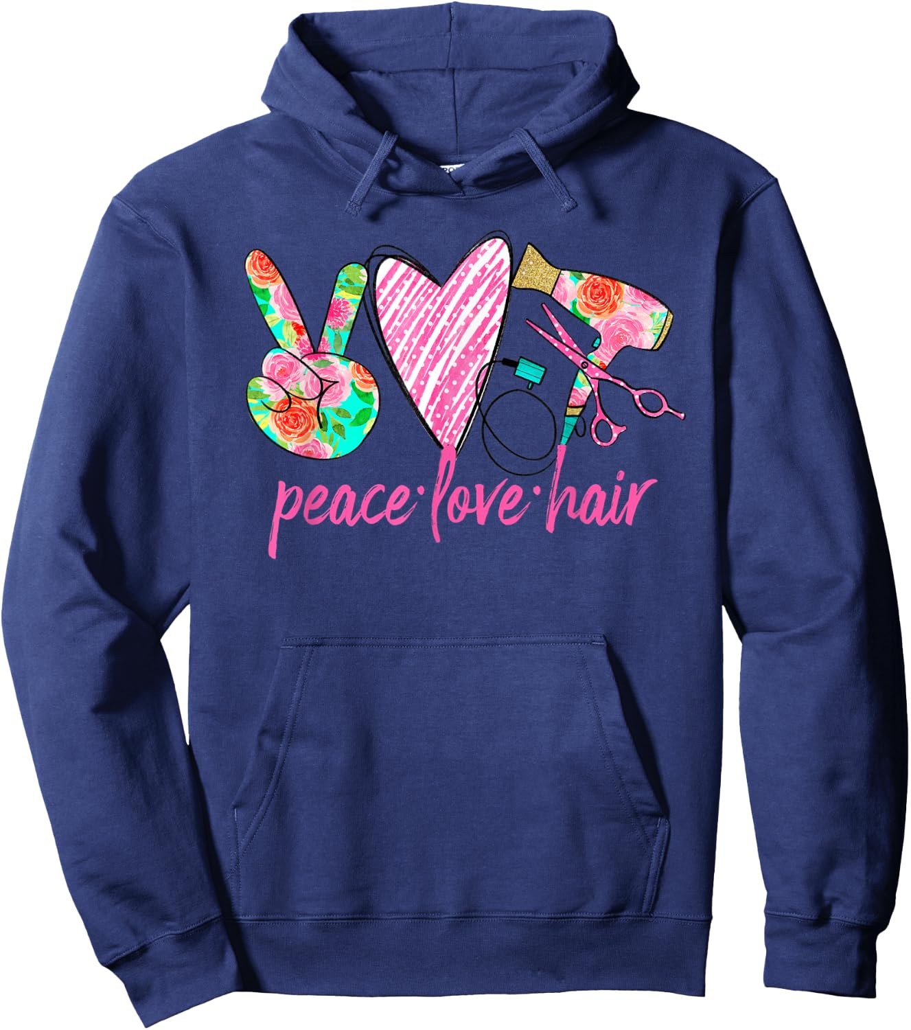 PEACE LOVE HAIR Hair Stylist Salon Hairdresser Gift Floral Hoodie - Hoodie | Navy