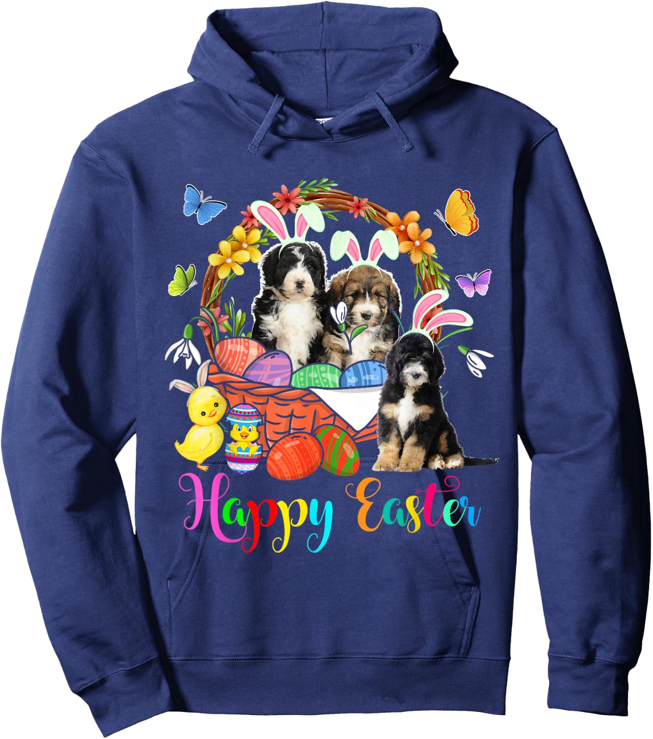 Three Bunny Bernedoodle Dogs In Easter Eggs Basket Hoodie - Hoodie | Navy