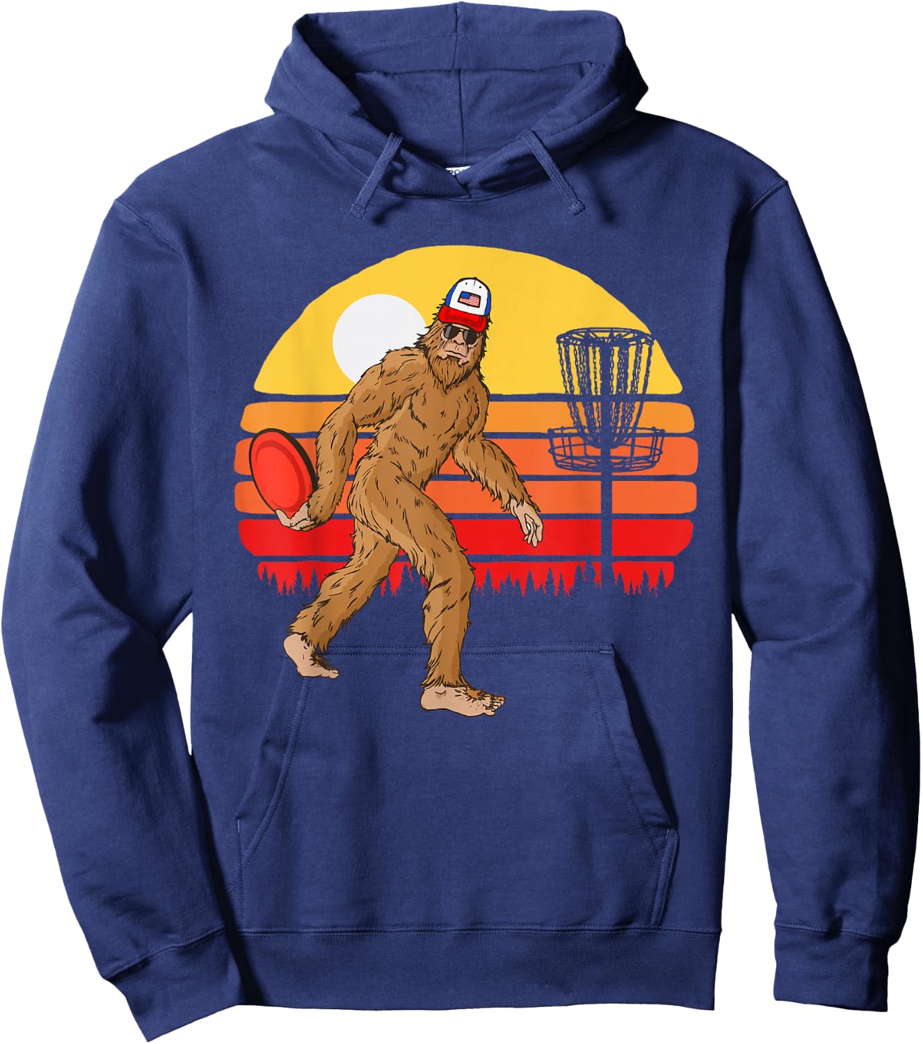 Retro Disc Golf Bigfoot Vintage Discus Sasquatch 80s Sunset Hoodie - Hoodie | Navy