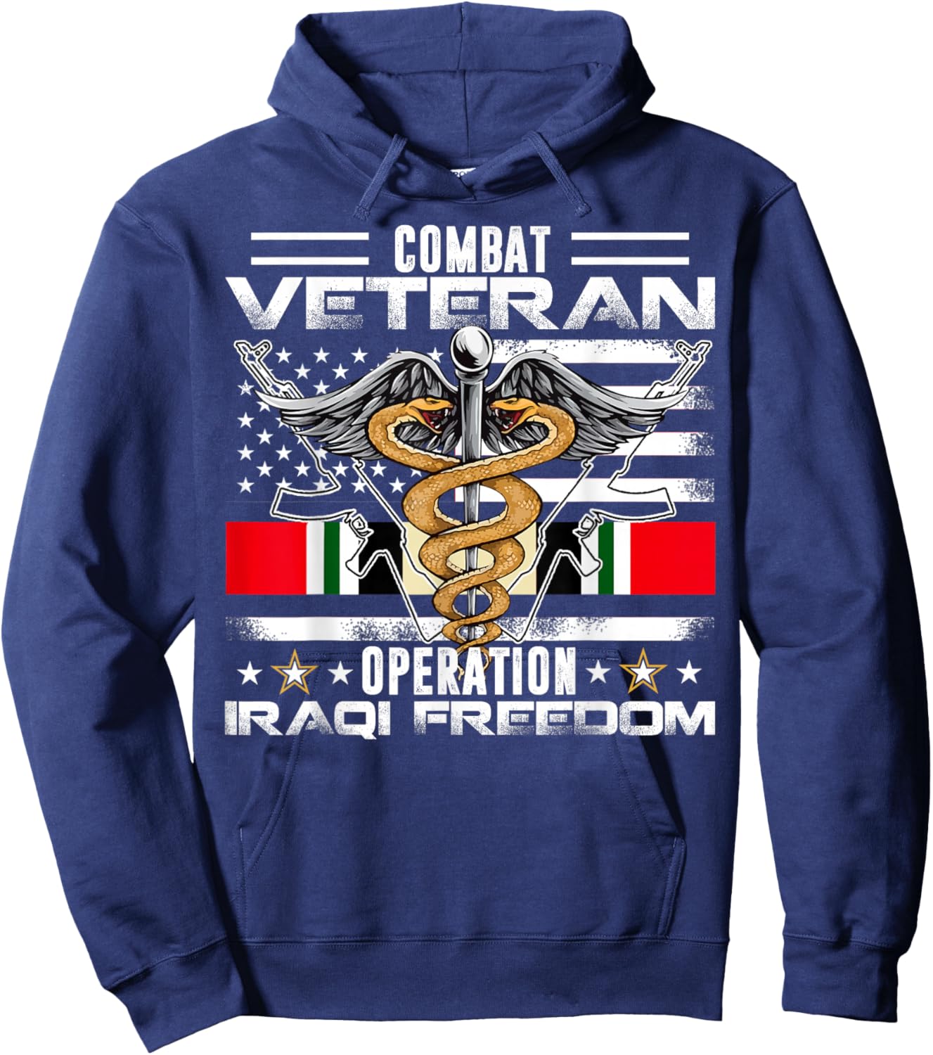 Proud Combat Veteran Iraqi Freedom Military US American Flag Women Kids Men Hoodie - Hoodie | Navy