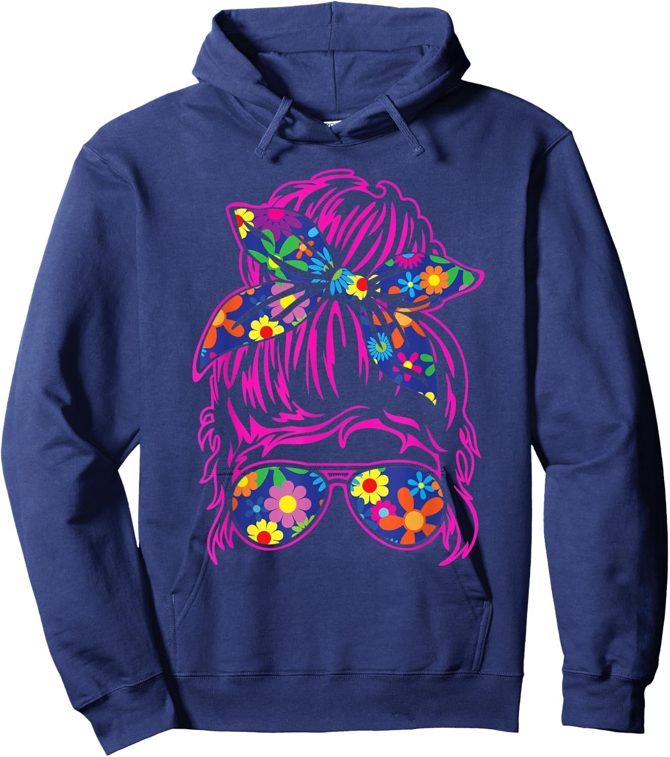 Messy Hair Bun with Bandana Ribbon and Sunglasses Design Hoodie - Hoodie | Navy