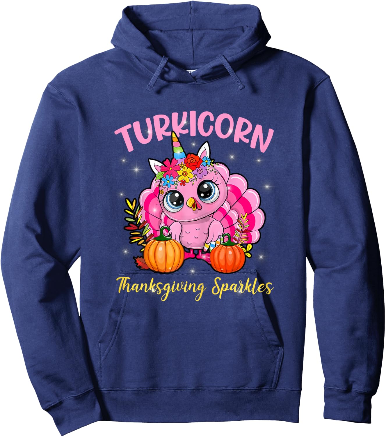 Cute Unicorn Turkey Sparkles Funny Thanksgiving Women Girl Hoodie - Hoodie | Navy