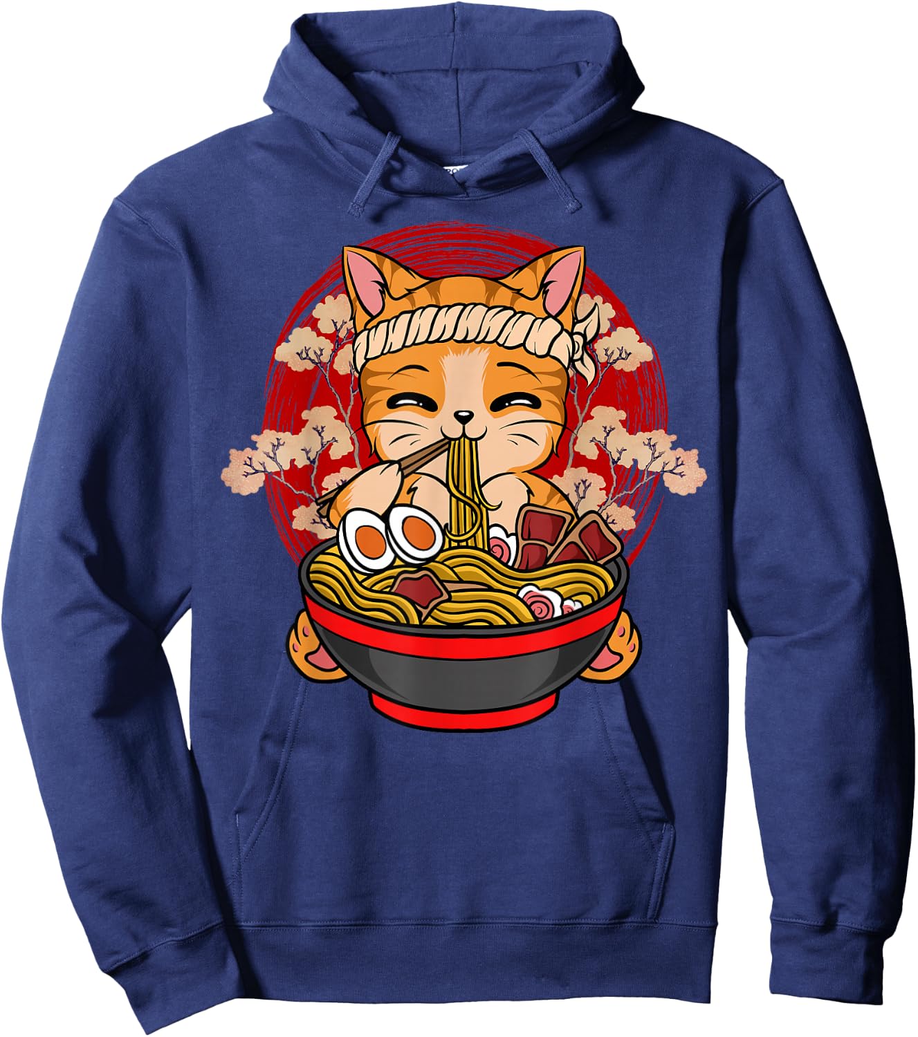 Kawaii Anime Cat Eating Ramen Japanese Noodles Funny Anime Hoodie - Hoodie | Navy