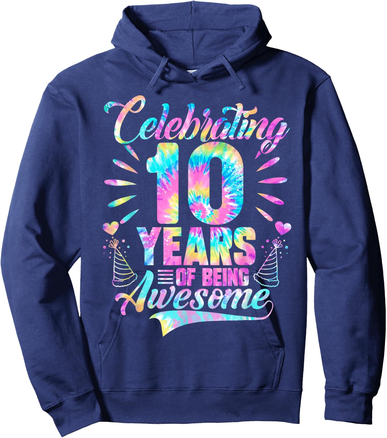 Celebrating 10 Year Of Being Awesome With Tie-dye Graphic Hoodie - Hoodie | Navy