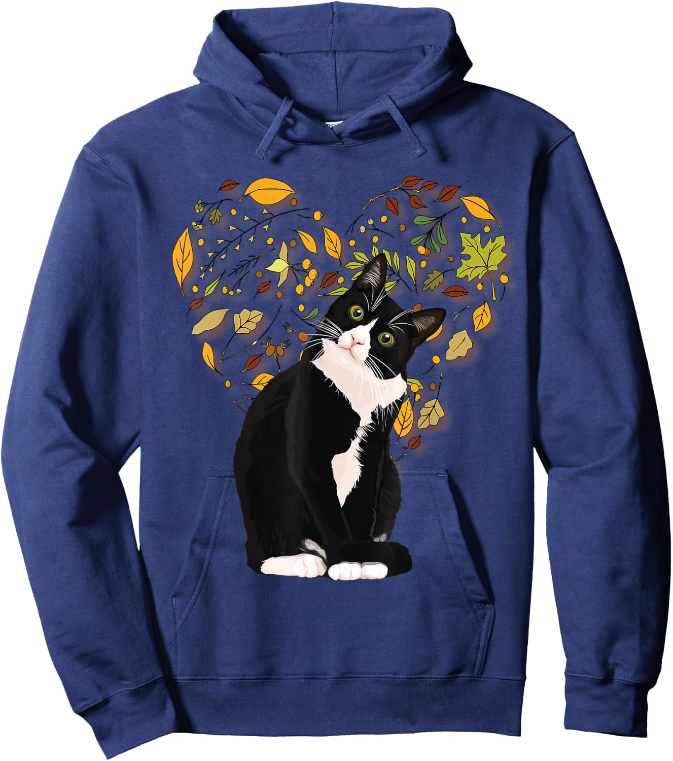 Tuxedo Cat t Shirt Gift Autumn Fall Leaves Black and White Hoodie - Hoodie | Navy