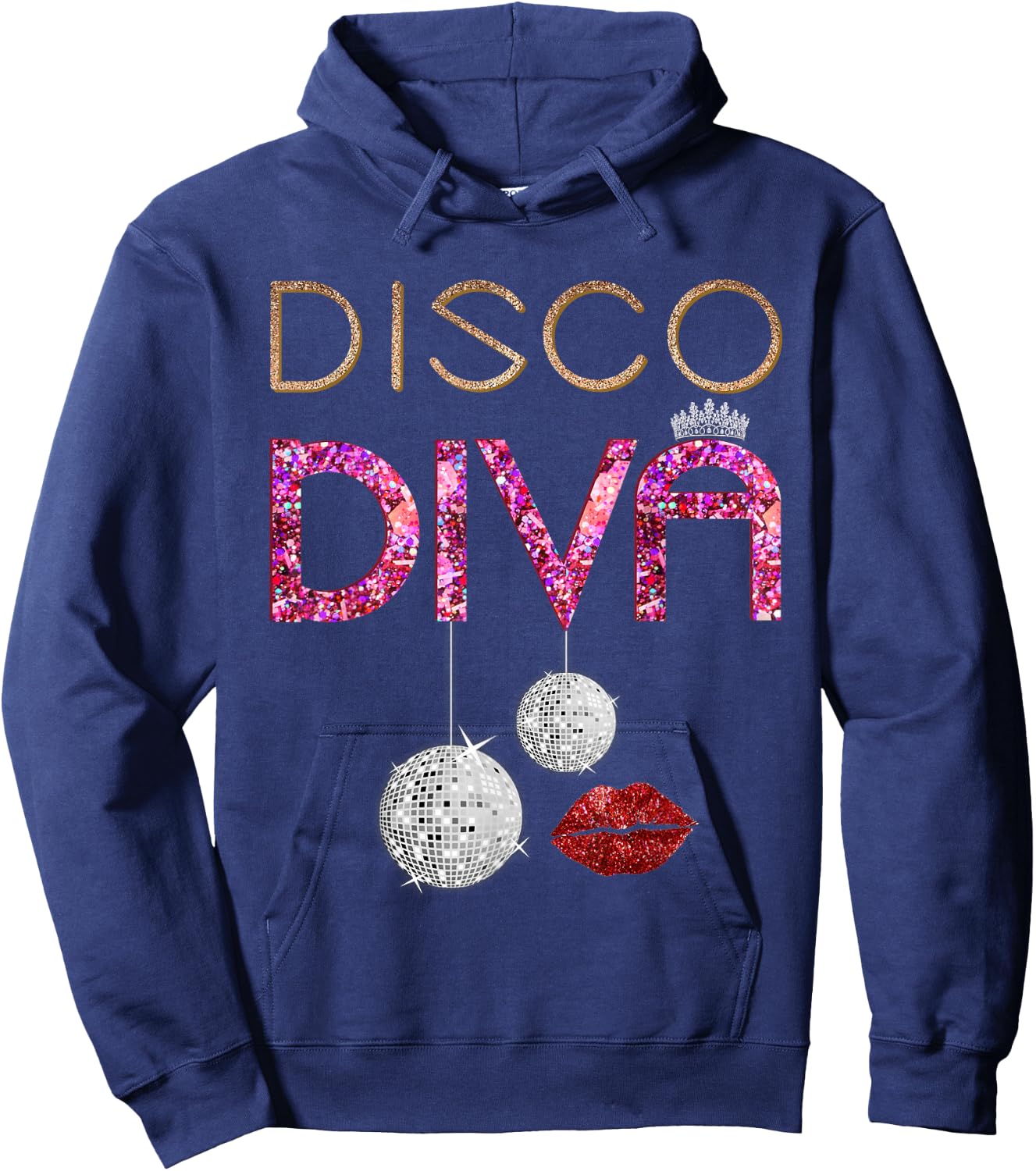 Disco Diva Ladies Disco Gold Ball Silver Red Lips Hoodie - Hoodie | Navy