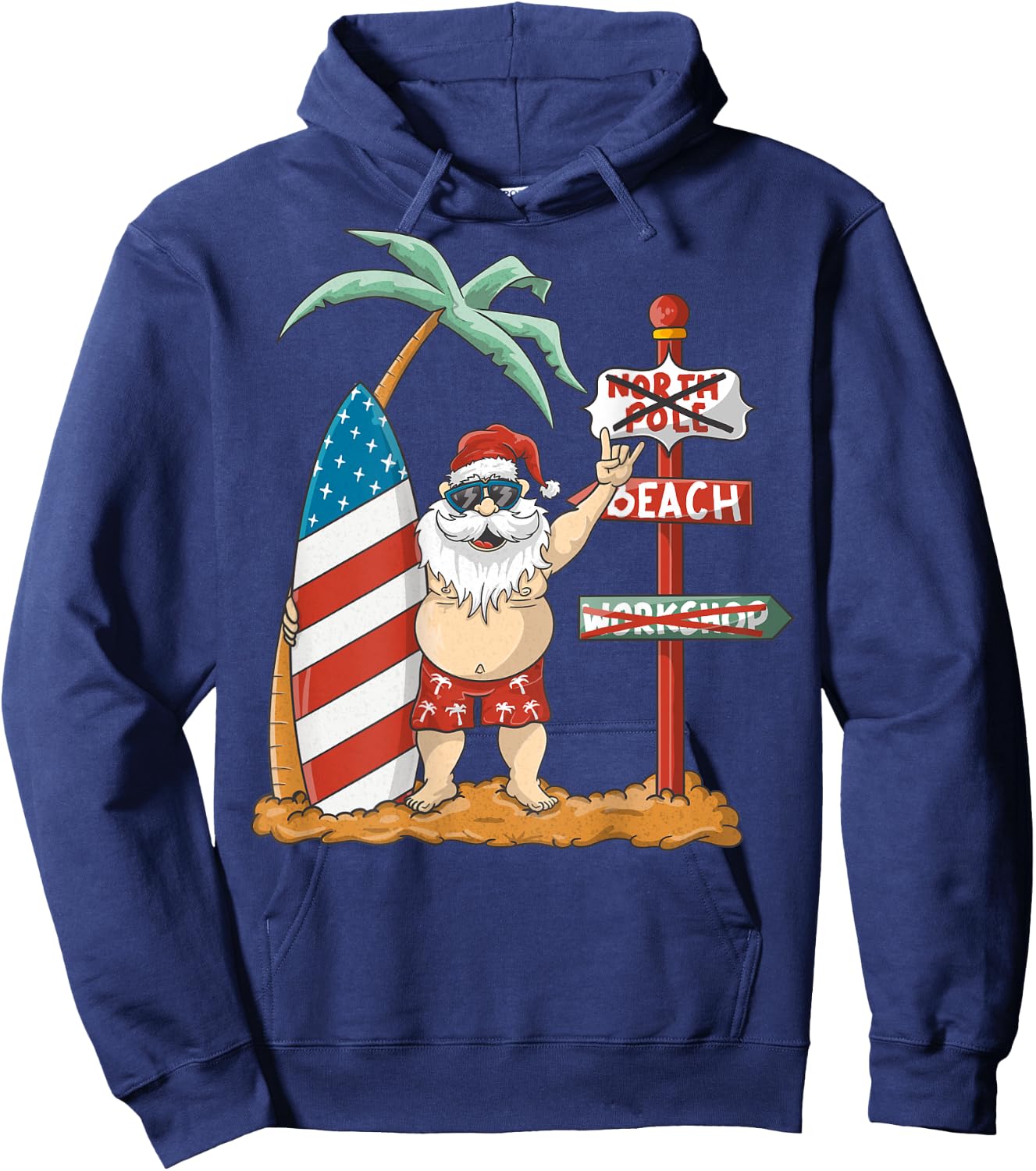 Surfing Santa With USA Patriotic Surfboard Christmas in July Women Kids Men Hoodie - Hoodie | Navy