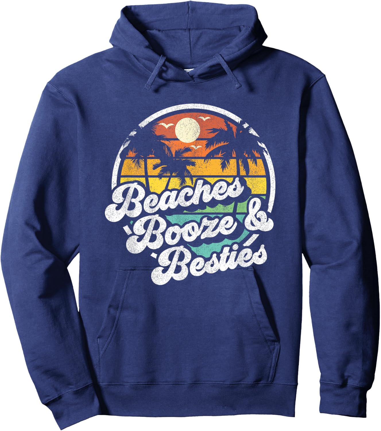 Beaches Booze and Besties Funny Retro 70s Beach Gift Hoodie - Hoodie | Navy