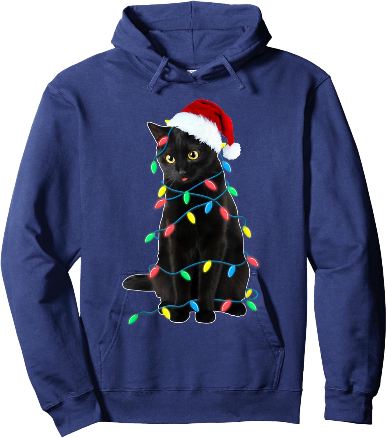 Black Cat Christmas Tree Lights Funny Santa Kitten Led Light Hoodie - Hoodie | Navy