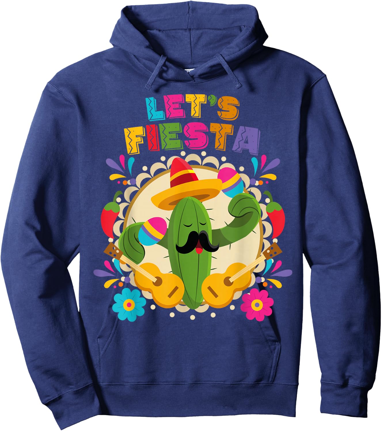 Lets Fiesta Cinco De Mayo with Guitar Cactus Sombrero Hoodie - Hoodie | Navy