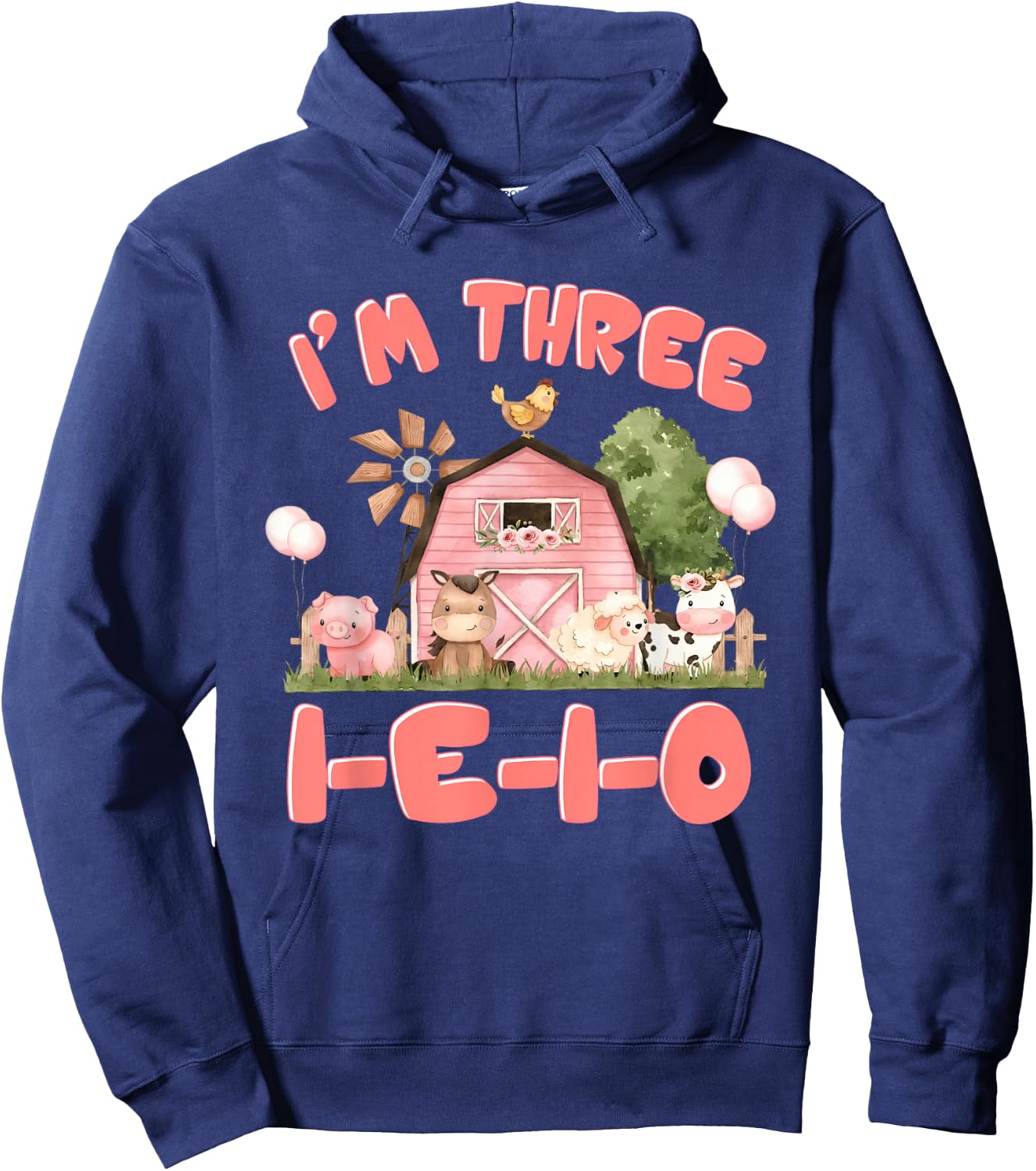 I'm Three I-E-I-O 3rd Birthday Farm Animal Barnyard 3 Yr Old Hoodie - Hoodie | Navy