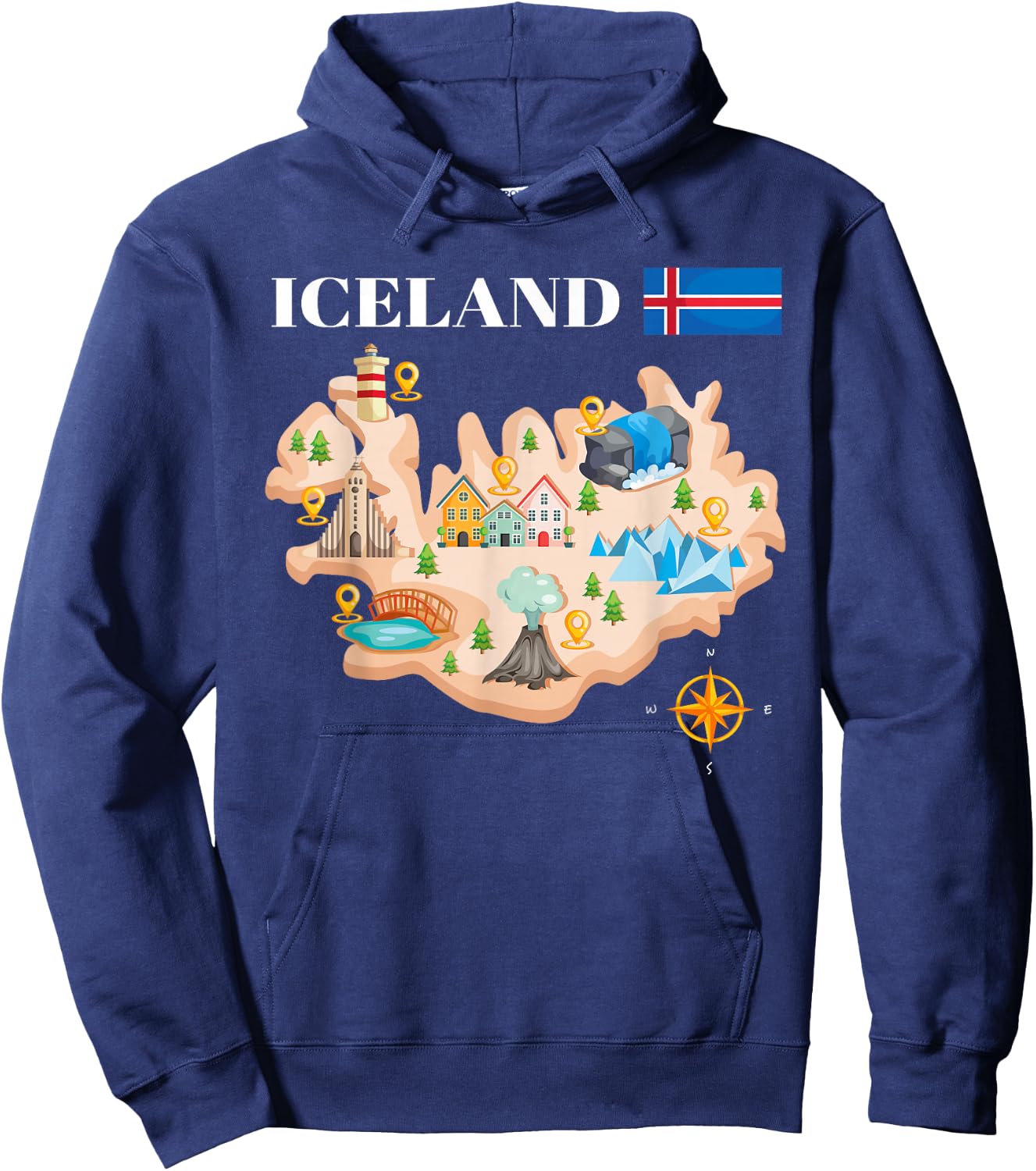Iceland Map Souvenir Eyjafjallajokull Puffin Travel Hoodie - Hoodie | Navy