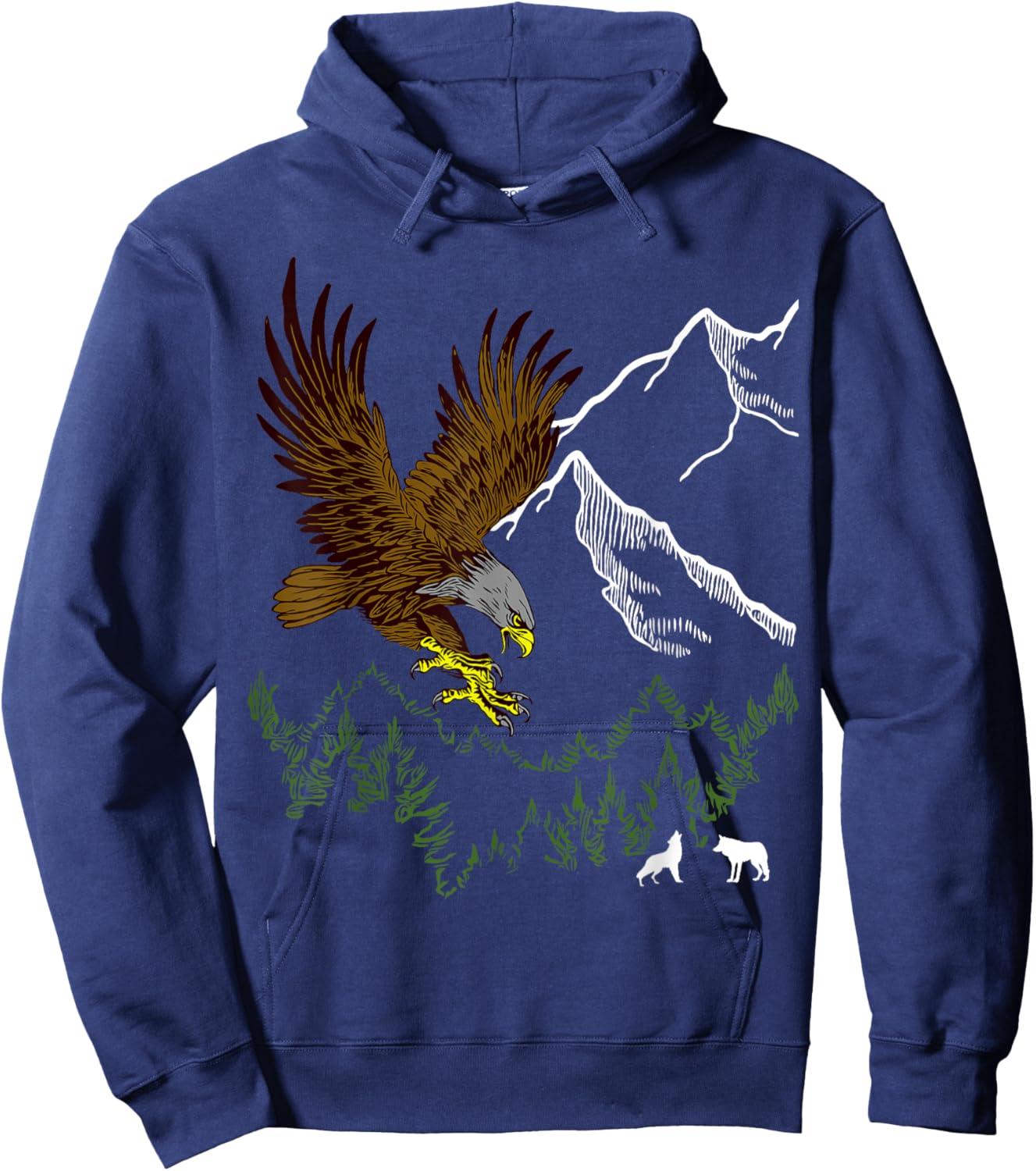 Mountain Forest tree Design Eagle Bird, Wolf Animal Graphic Hoodie - Hoodie | Navy
