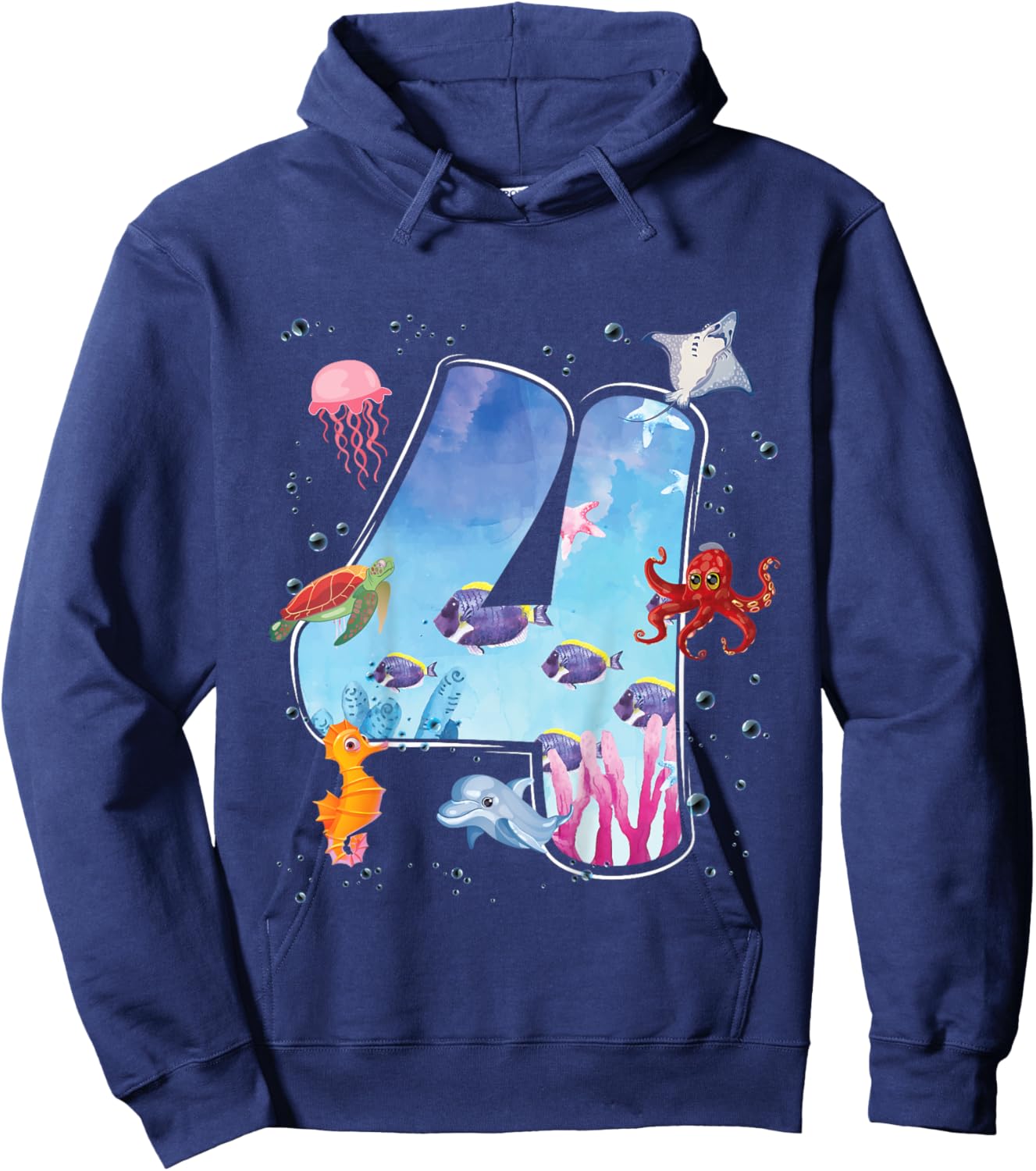 Kids 4th Birthday Party Ocean 4 Year Old Sea Fish Aquarium Boy Hoodie - Hoodie | Navy