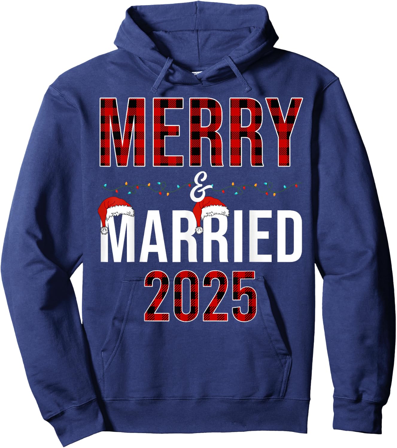 Merry And Married 2025 Red Plaid Christmas Couple Matching Hoodie - Hoodie | Navy