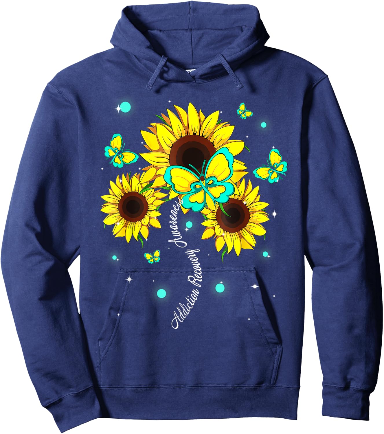 Addiction Recovery Awareness Sunflower Butterfly Ribbon Hoodie - Hoodie | Navy