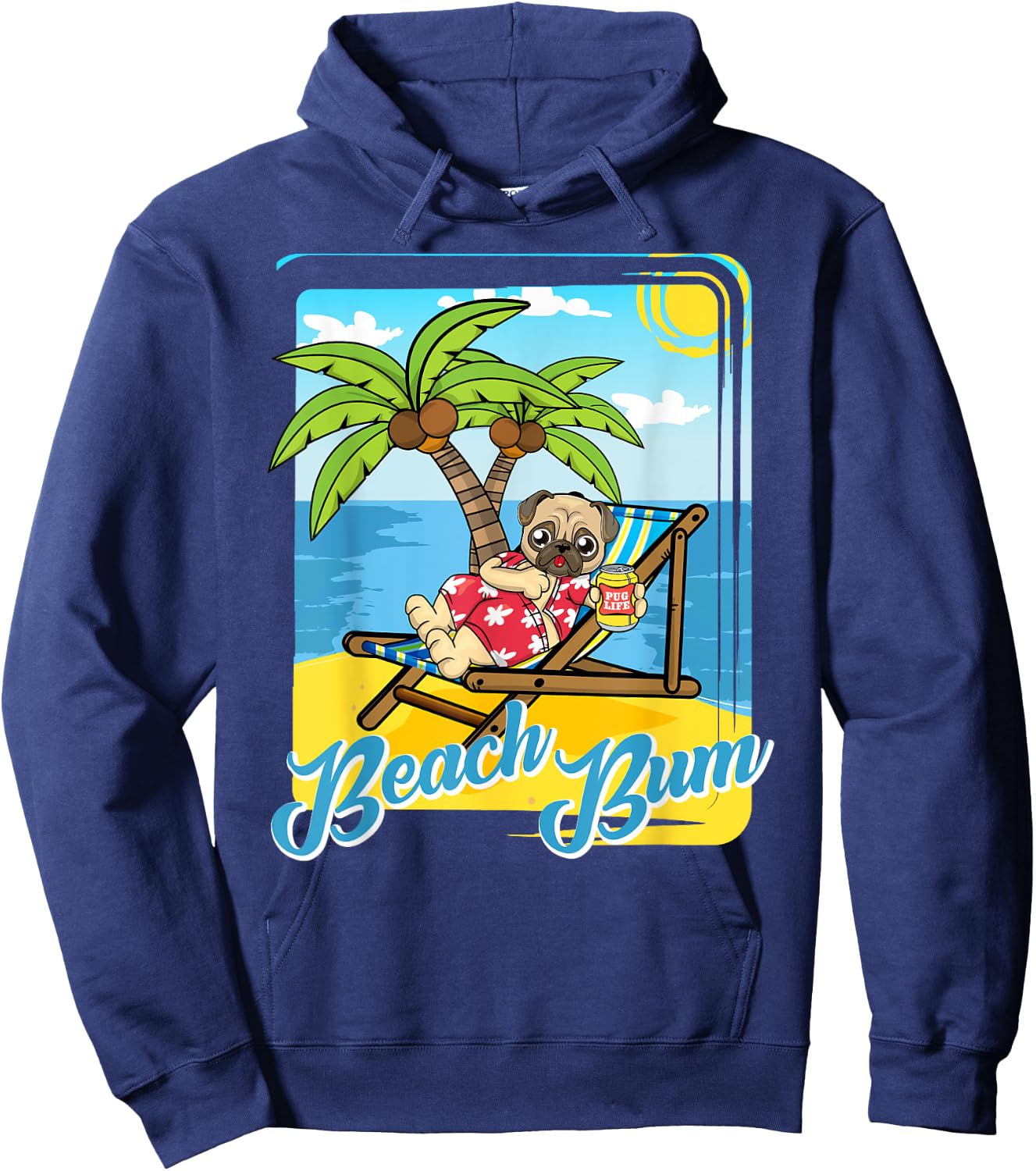 Beach Bum Pug Dog with Beer on Tropical Beach Vacation Women Hoodie - Hoodie | Navy