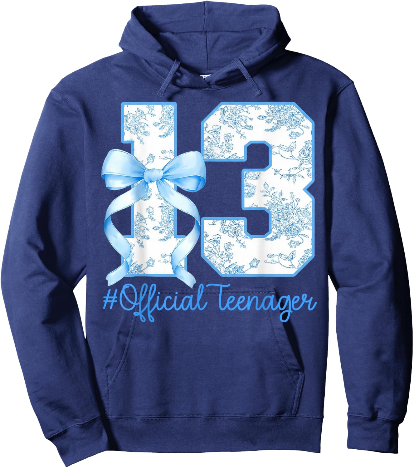 Official Teenager 13th Birthday Girl Bow Blue Floral Pattern Hoodie - Hoodie | Navy