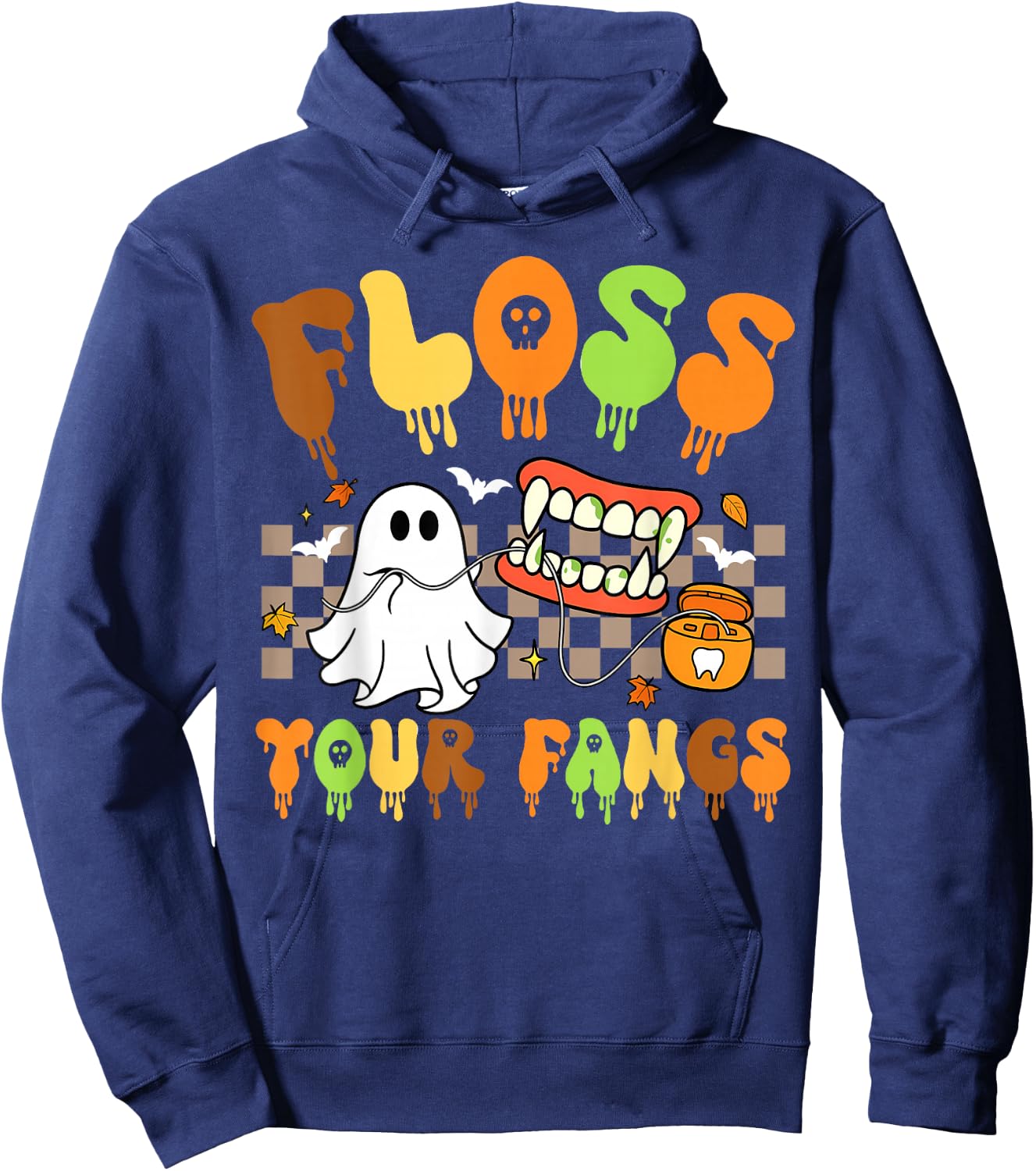 Retro Funny Teeth Floss Your Fangs Dentist Dental Halloween Hoodie - Hoodie | Navy
