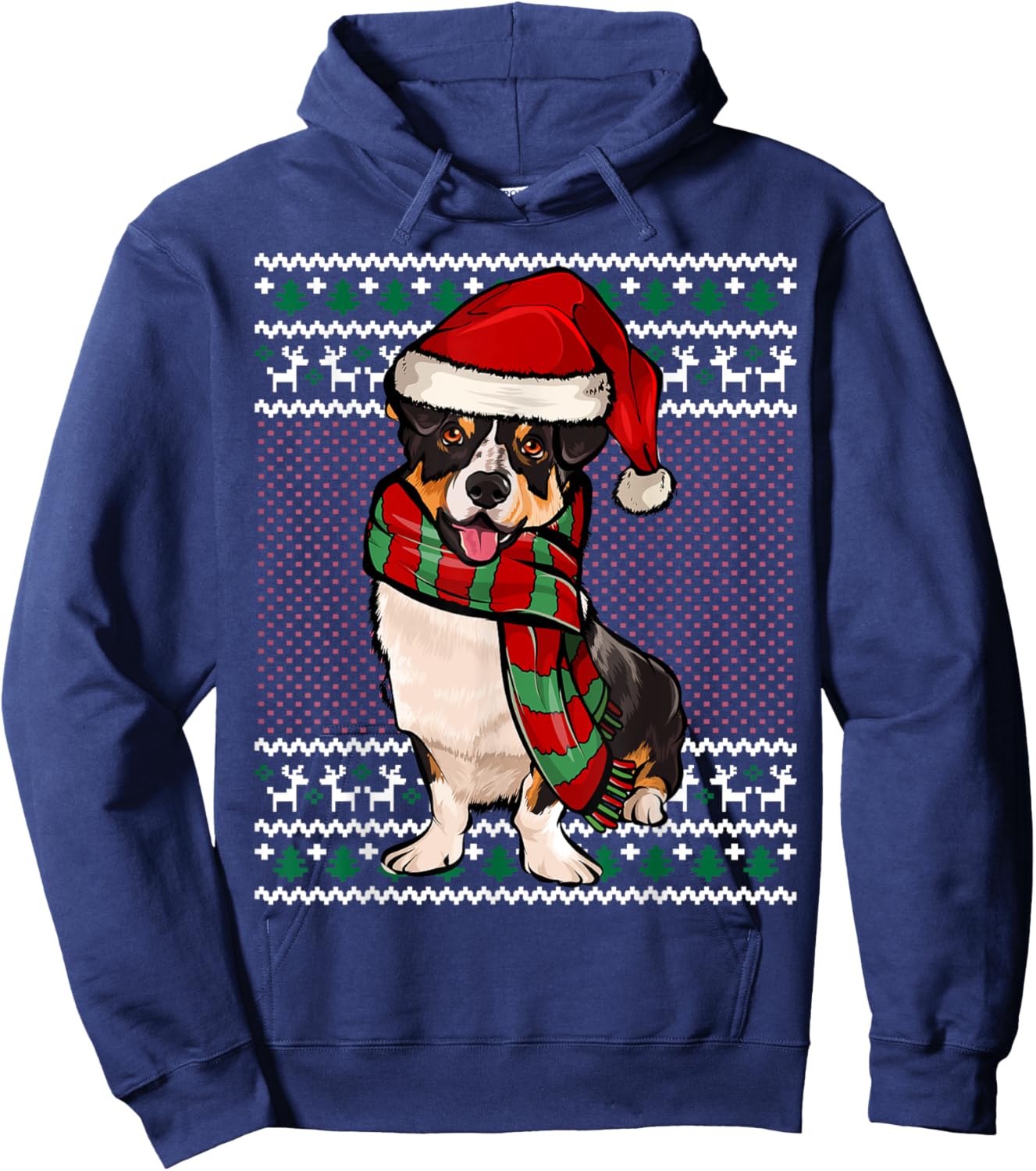 Xmas Cardigan Welsh Corgi Dog Santa Hat Ugly Christmas Men Women Hoodie - Hoodie | Navy