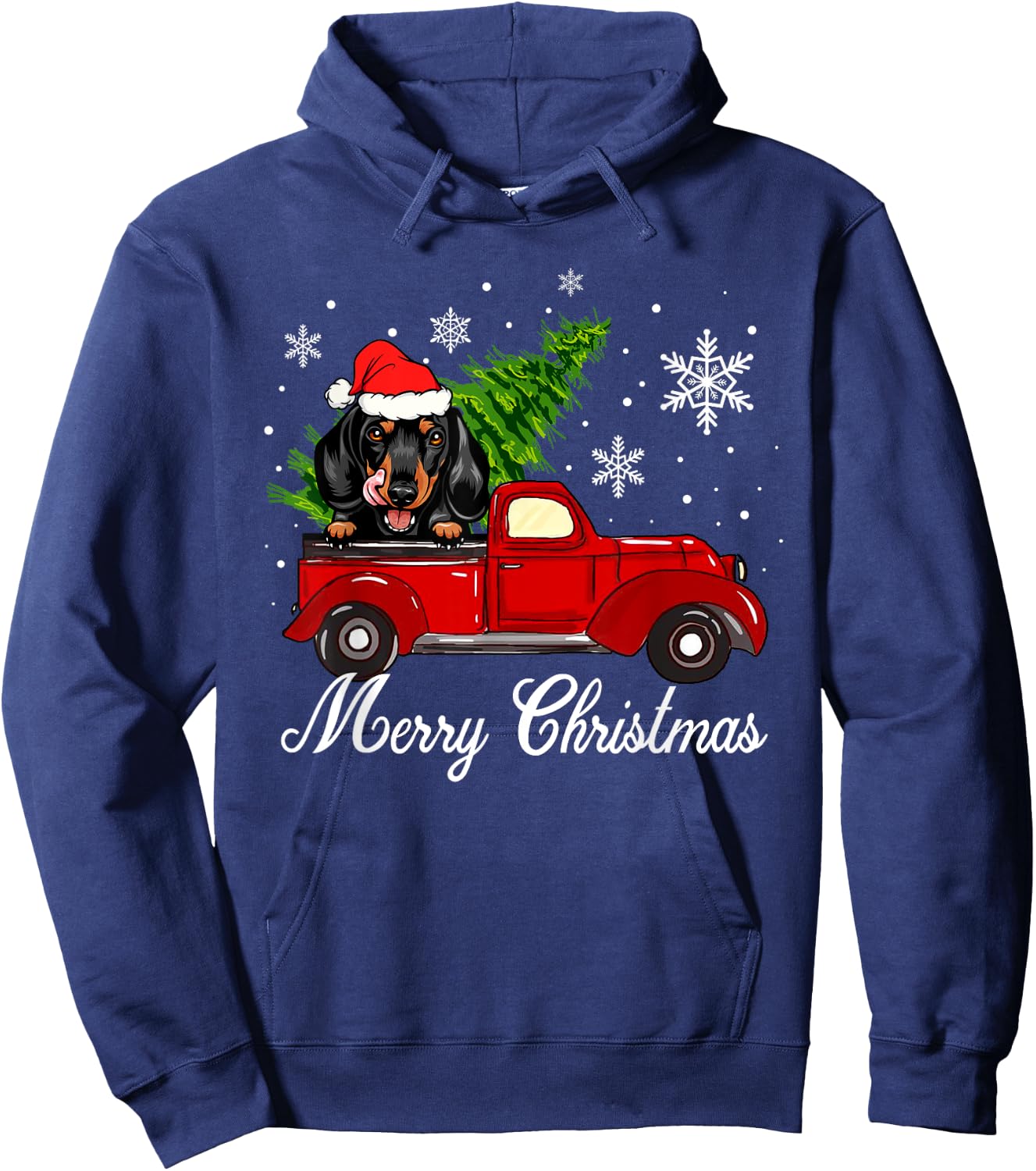 Dachshund Dog Riding Red Truck Christmas Decorations Pajama Hoodie - Hoodie | Navy
